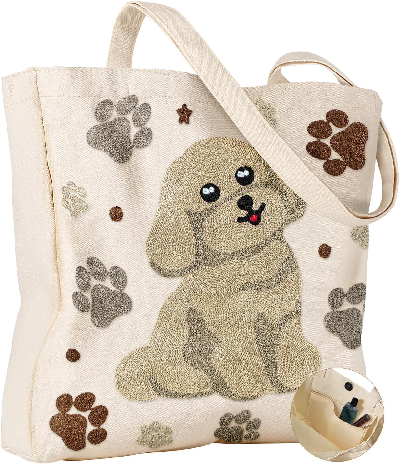 Embroidery Tote Bag with Pocket & Buckle - Reusable Canvas Tote for Women Cute Aesthetic Work Shopping Grocery Bag