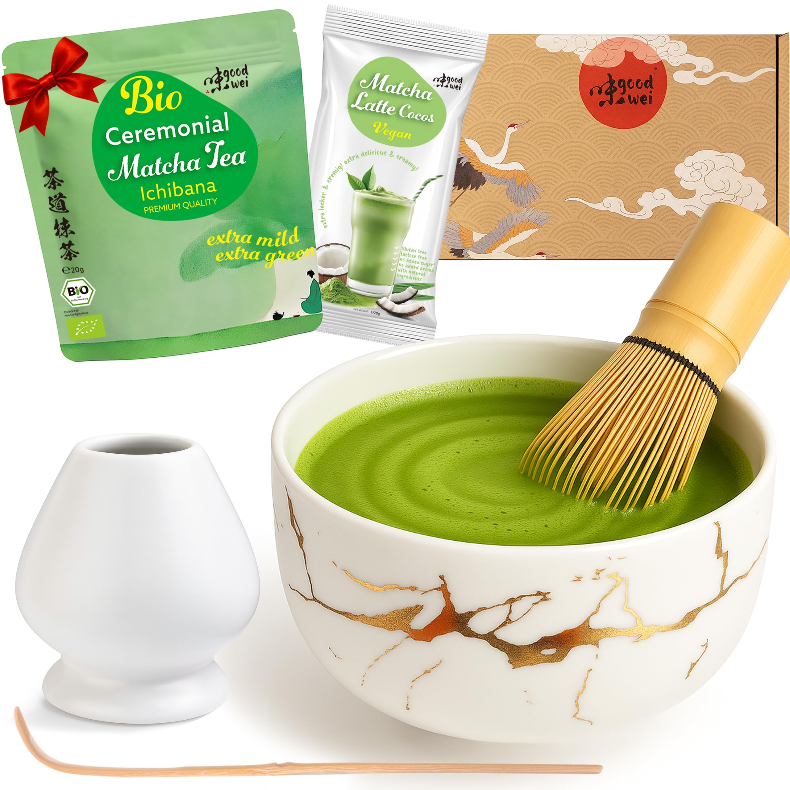 Set Cérémonie Du Thé Matcha Complet - Bol Et Plateau Noir Marbré Or, Fouet Bambou, Support, Cuillère + 30g Matcha Bio Japon
