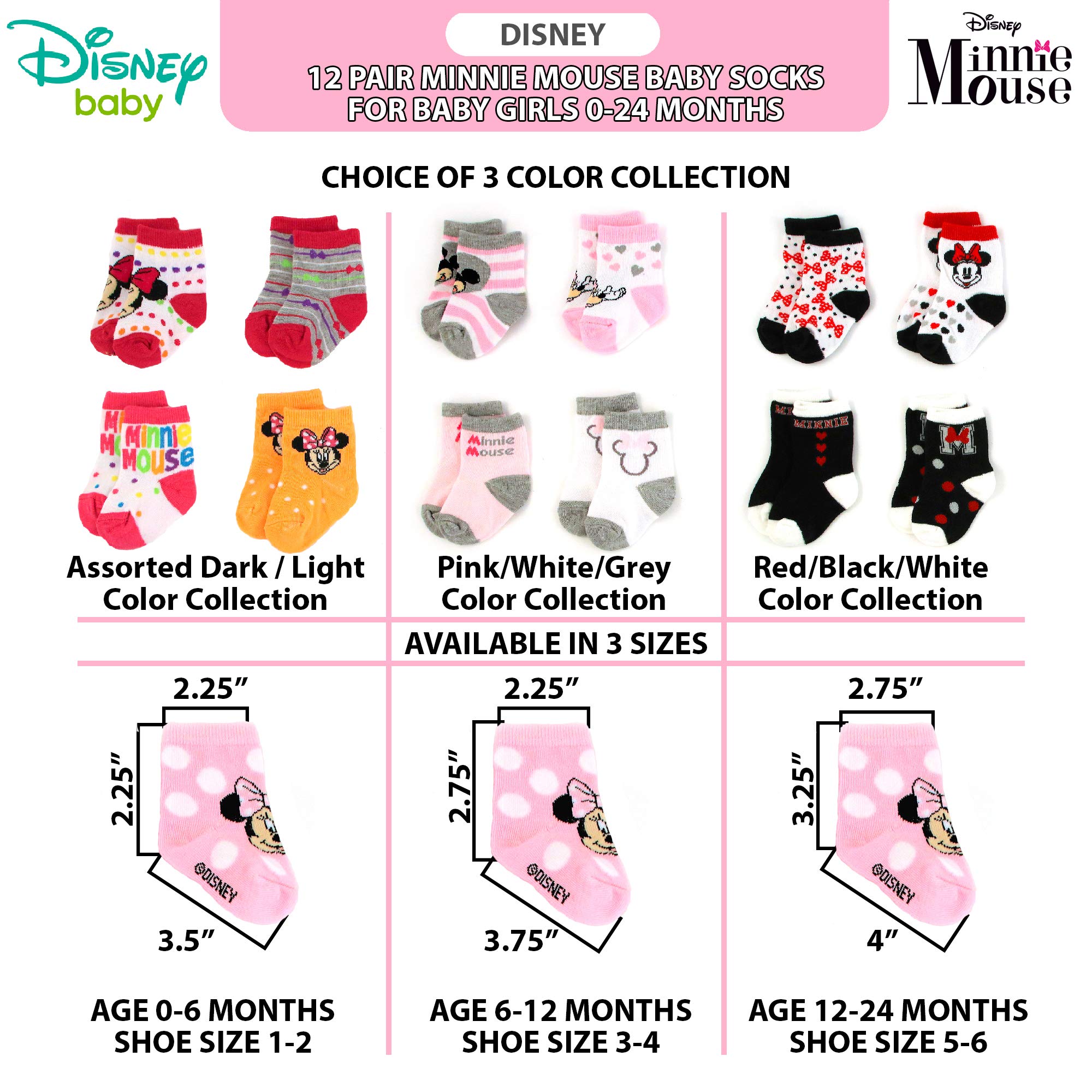 Disney Baby Girls Assorted Minnie Mouse Designs 12 Pair Socks Variety Set, Age 0-24 Months