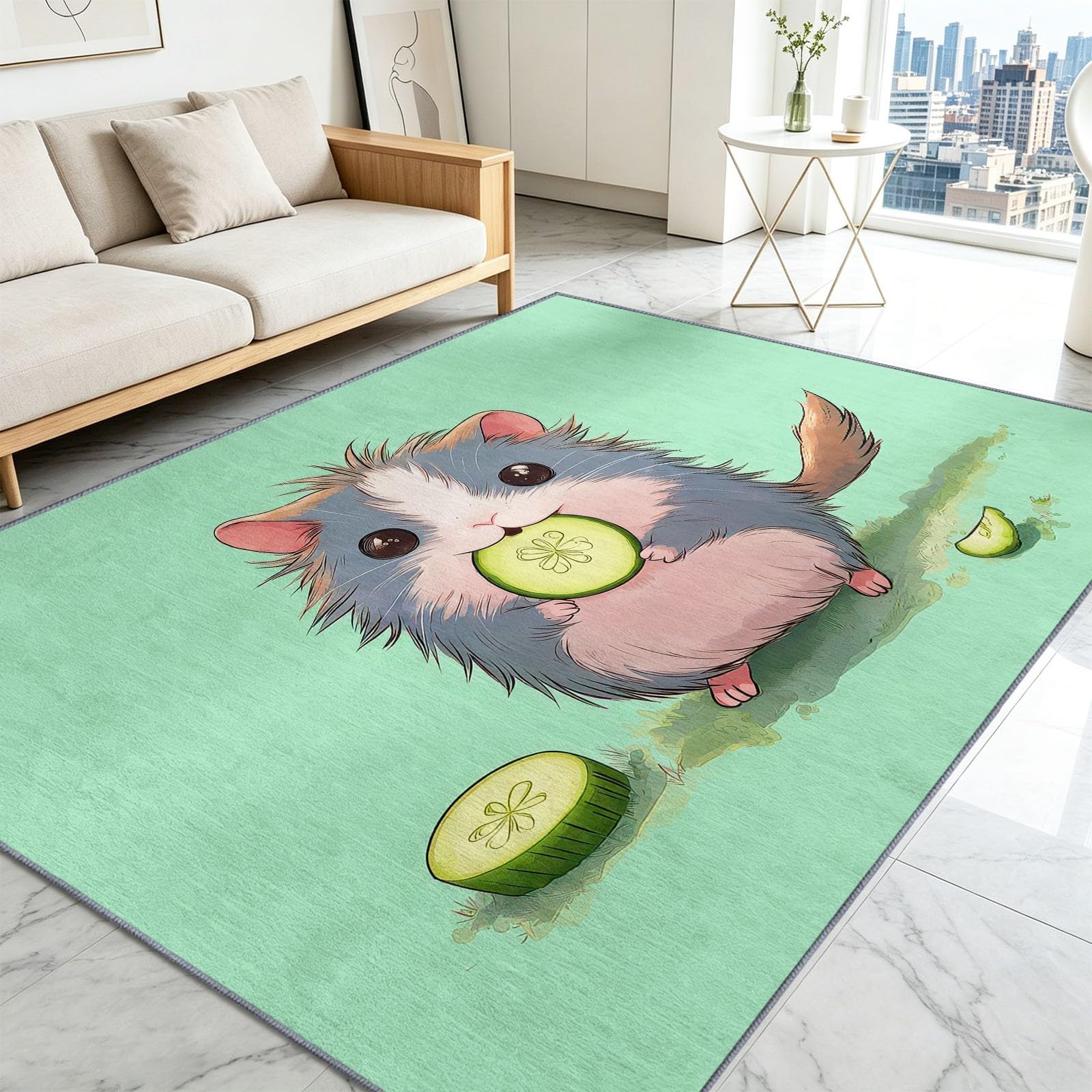 Alfombra antideslizante con diseño de animales de acuarela para sala de estar, 140 x 200 cm, alfombra de suelo mullida, cobaya, lavable, de pelo bajo, para sala de estar, dormitorio, comedor