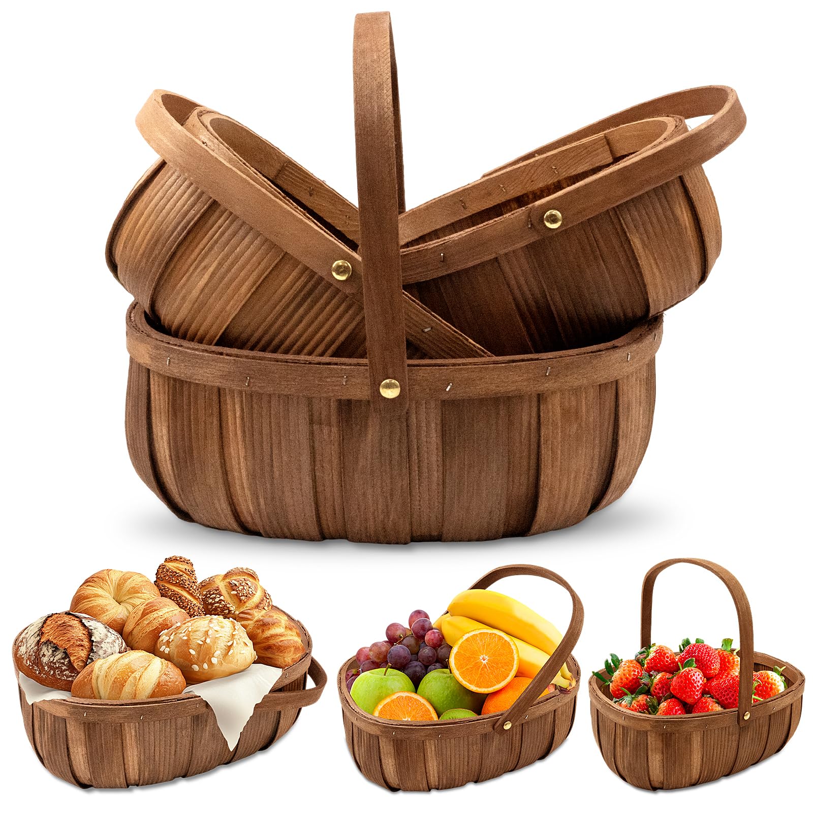 Paquete de 3 cestas de madera para pan, cesta de picnic tejida a mano con asas, organizador de almacenamiento para verduras, frutas, bodas, 3 tamaños