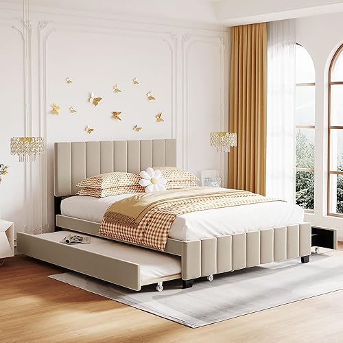 Miniatura 174 de Base de cama LED tapizada tamaño Queen, plataforma flotante de terciopelo con cabecero, MDF moderna y cama de madera contrachapada (beige-081)