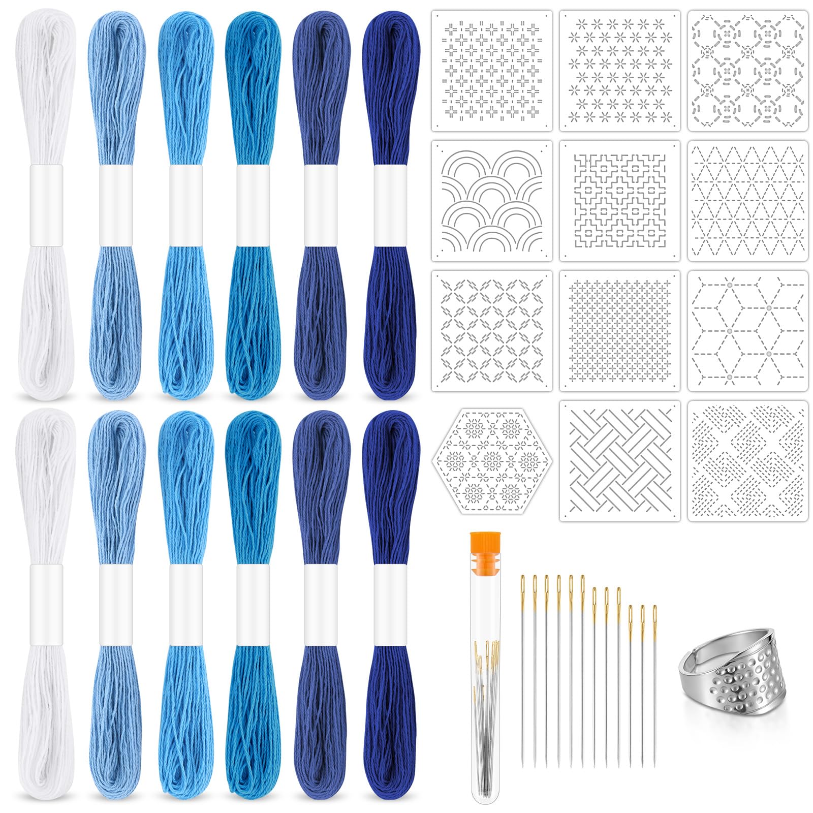 Booson 37 Pcs Sashiko Thread Kit Sashiko Needles Cotton Thimble Patterns