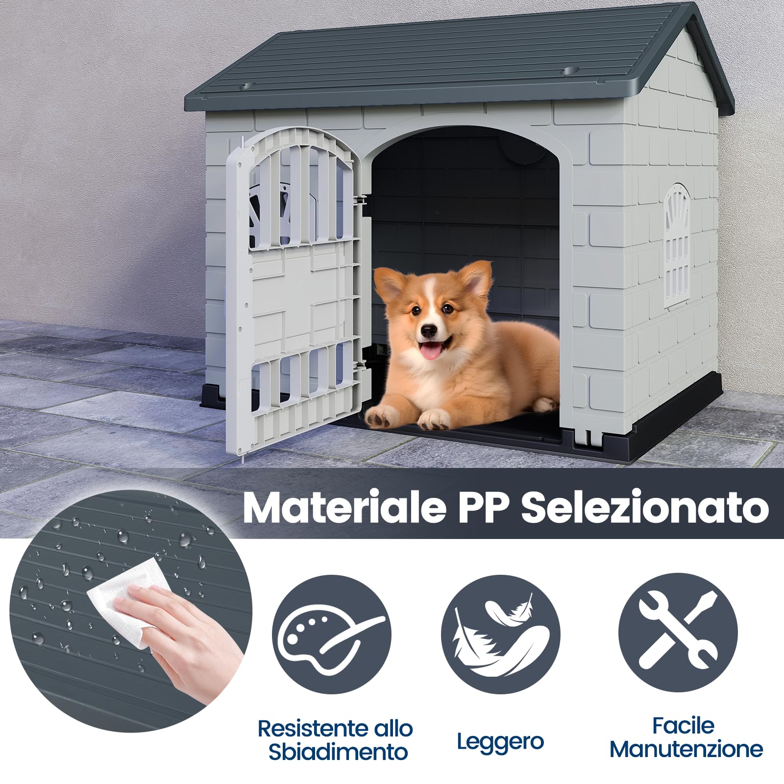 COSTWAY Cuccia per Cani da Esterno ed Interno, Casetta per Cani con Porta Bloccabile, 3 Finestre e Tetto Inclinato, Cucce in Plastica Impermeabile per Cagnolini Piccoli, 75 x 58 x 65 cm (Grigio)