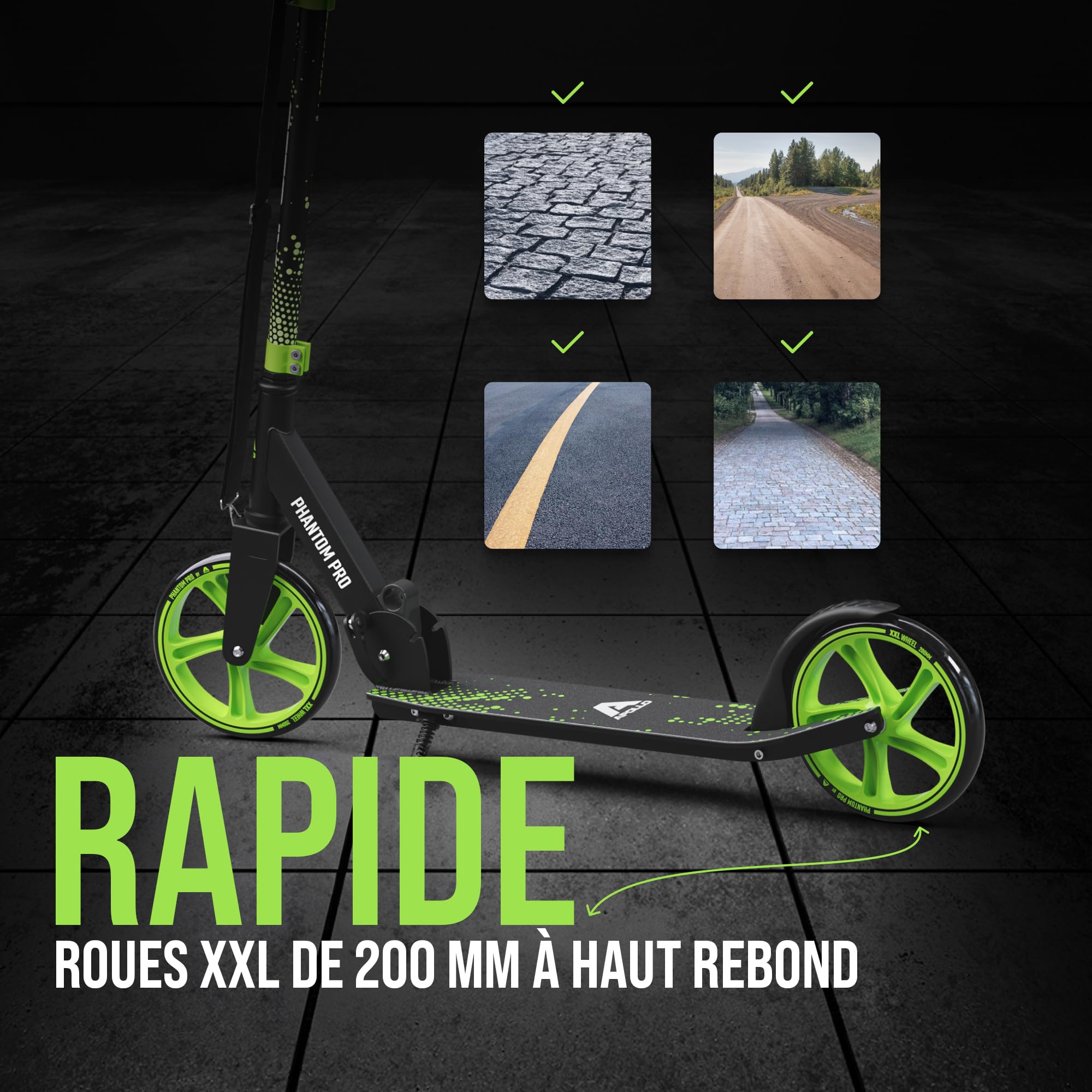 Apollo Trotinette aux Roues XXL - 200mm - Trotinette Freestyle de Ville Phantom Pro - City Scooter Pliable et à Hauteur Ajustable pour Adultes et Enfants