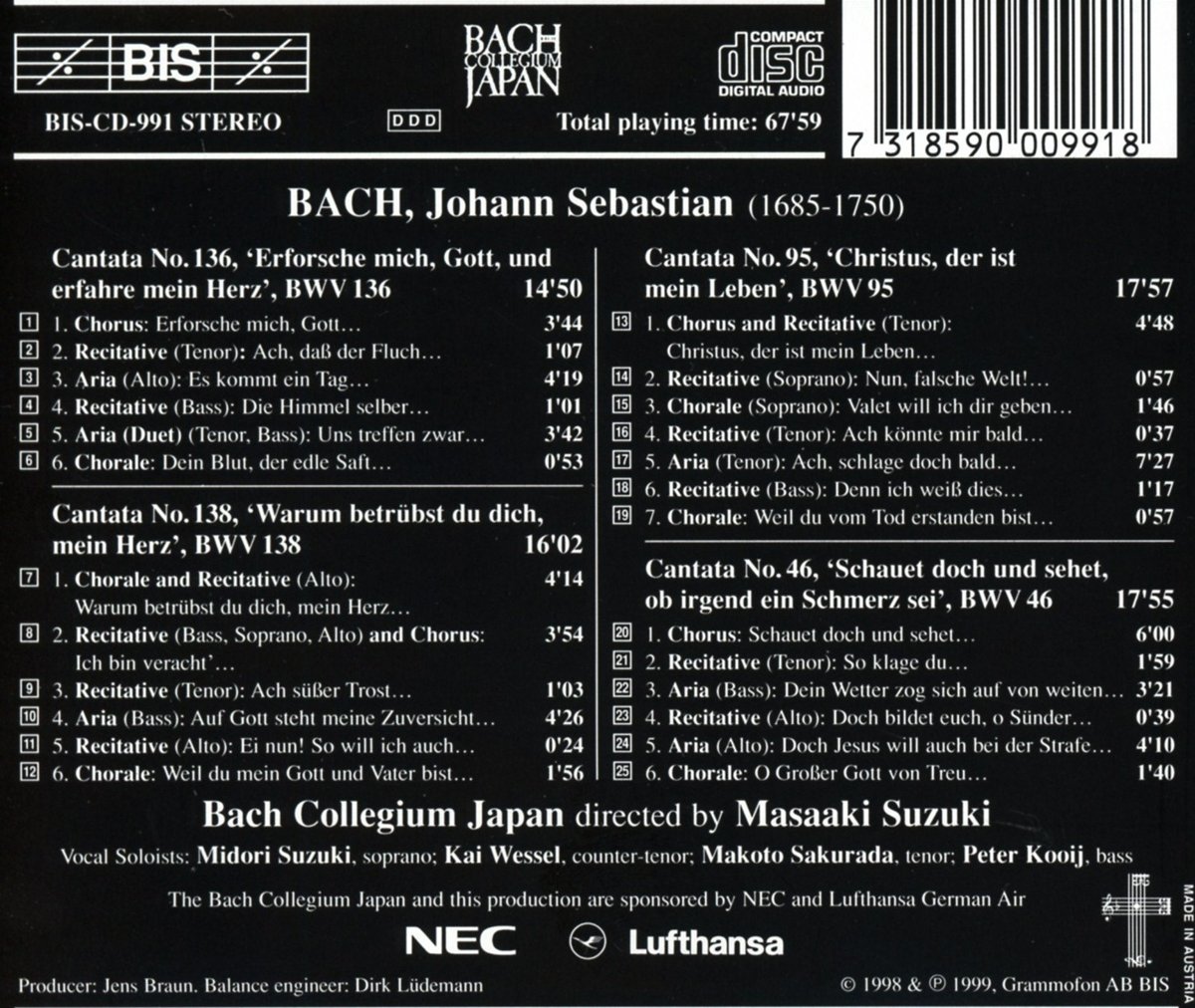 Bach : cantates sacrées vol. 11 BWV 136, 138, 95, 46