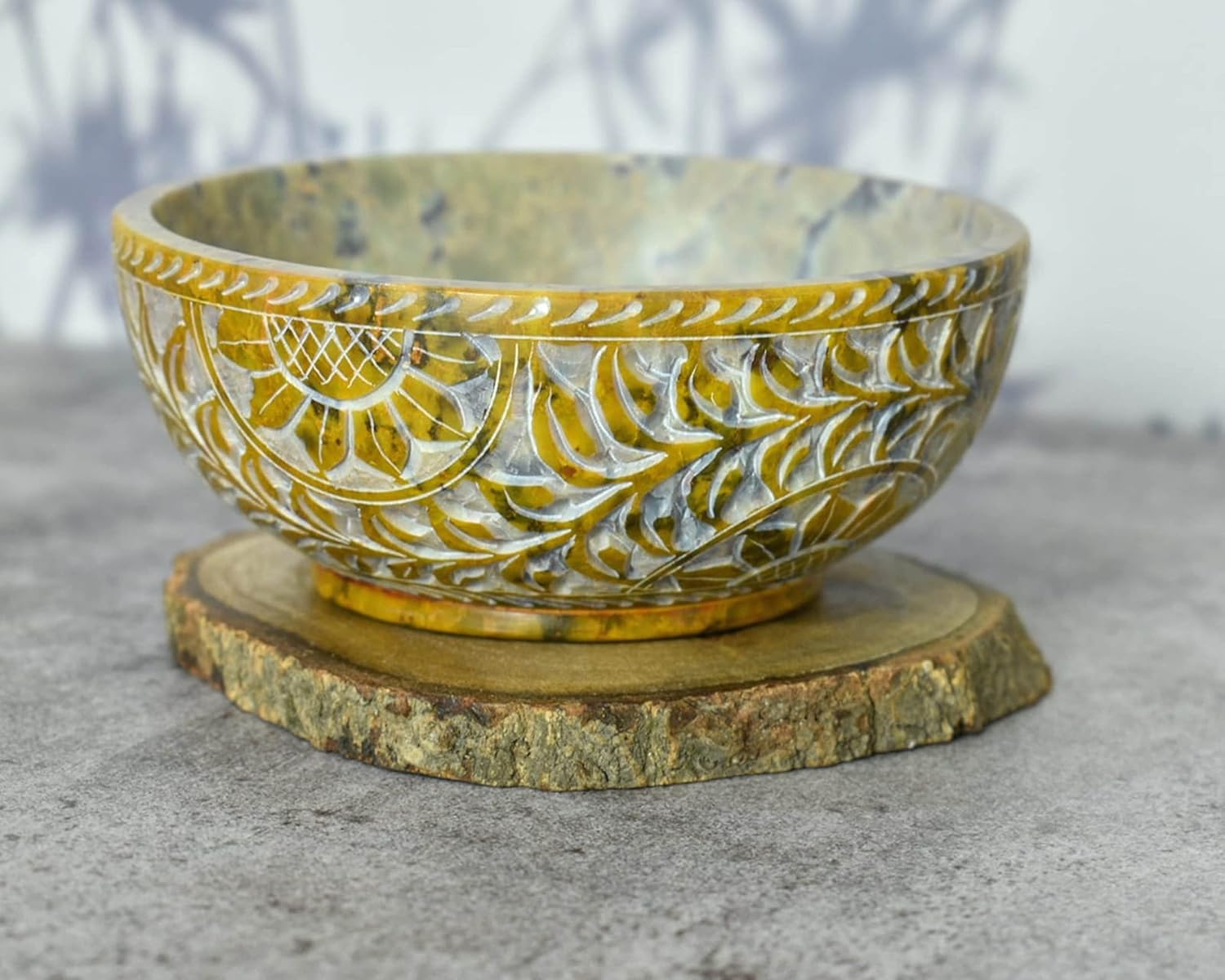 Carved Soapstone Serving,Incense Burner,Cleansing, Burning Sage, Smudge Bowl 5" x 2" -Multipurpose (Yellow)