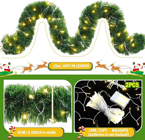 Miniatura 3 de Craftsatin Guirnalda de Navidad de 49 pies con 160 luces LED, guirnalda de pino artificial iluminada, decoración de vacaciones, verde suave para