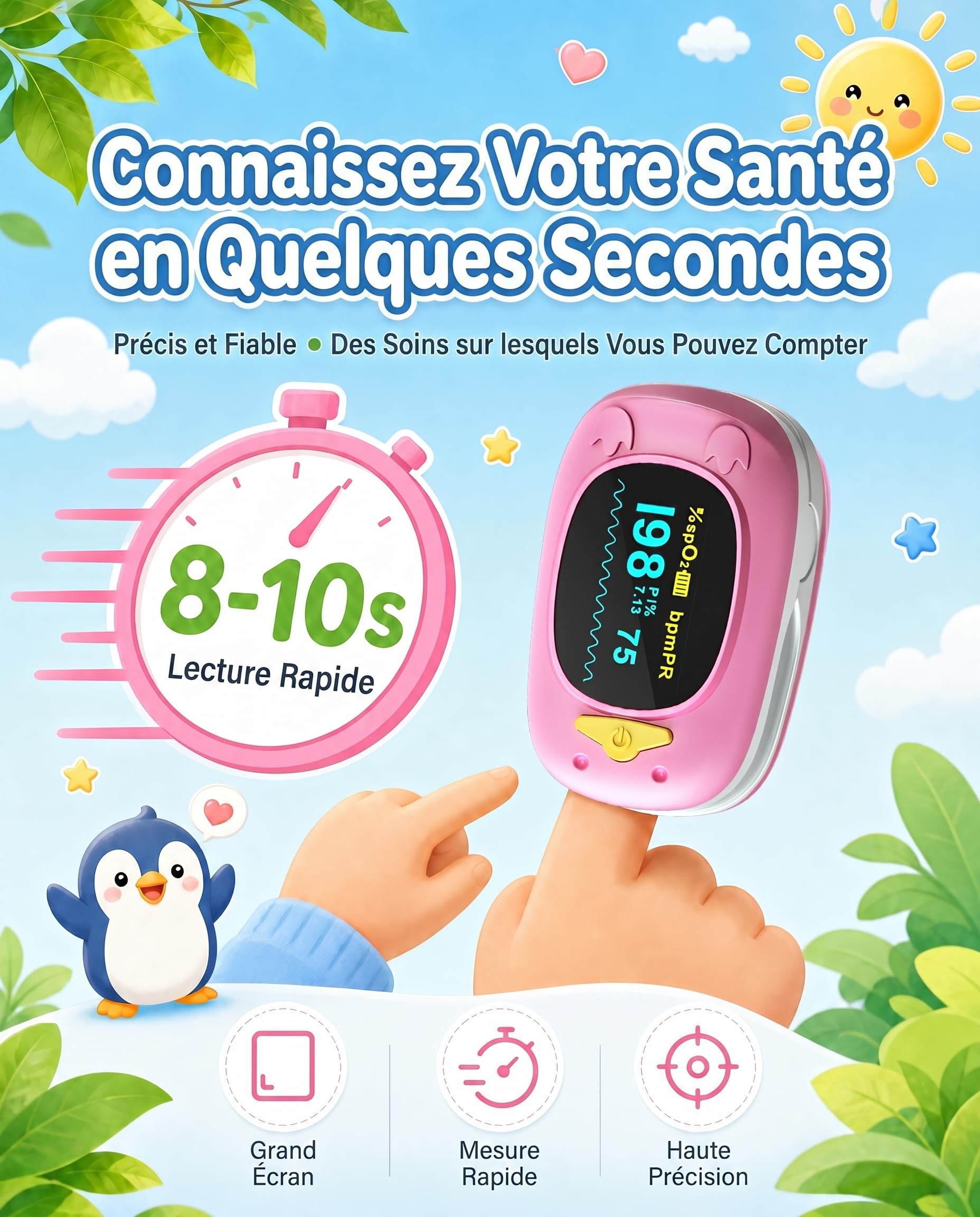 HealthTree 50A Oxymètre de Pouls Enfants, Saturomètre Pédiatrique Digital | Écran OLED Mesure 8-10s Saturation Oxygène(SpO2), Fréquence Cardiaque et PI, pour Maison Voyage (Batterie et Cordon Inclus)