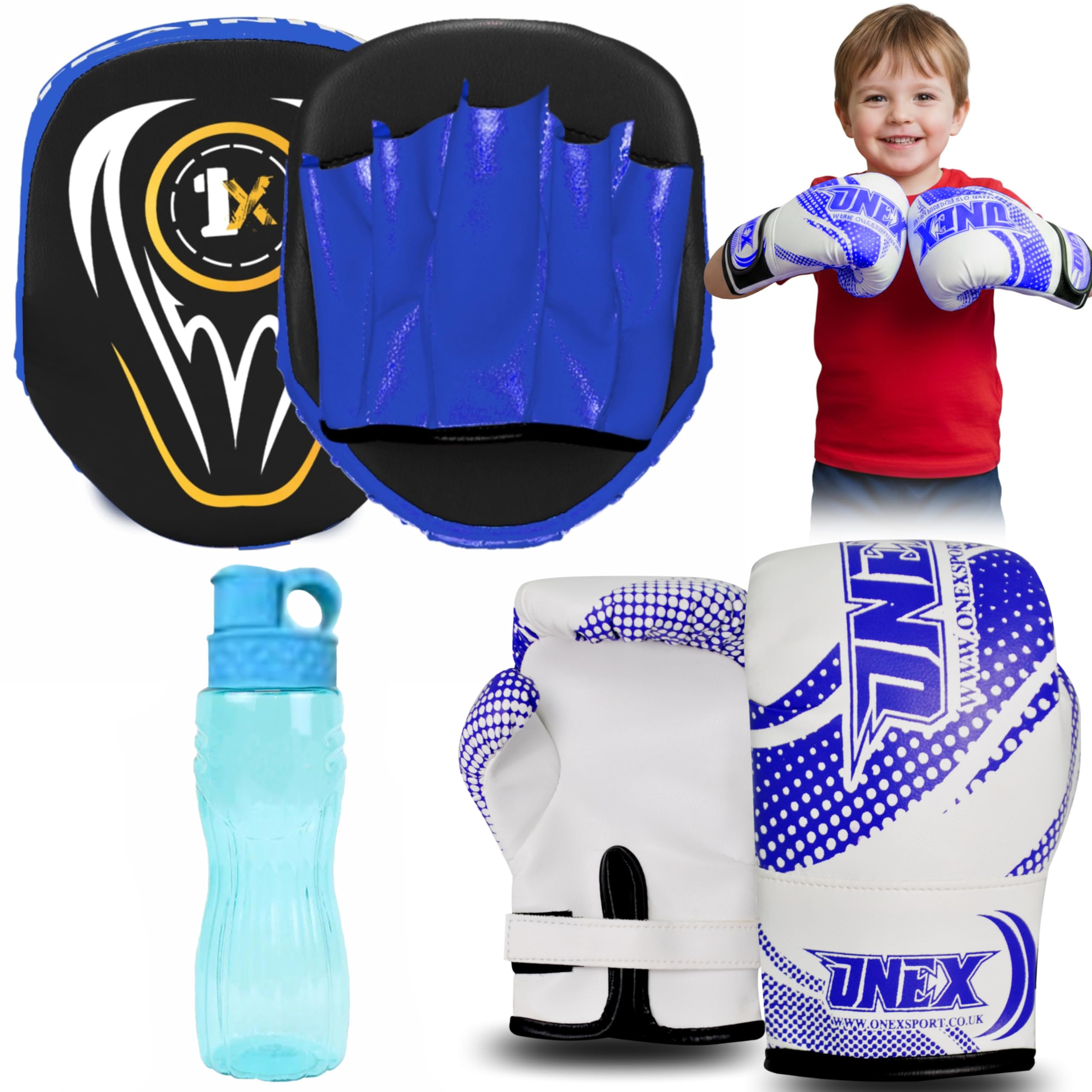 ONEX Boxing Gloves and Pads Kids Boxing Set for Kickboxing & MMA Muay Thai Punching Glove Flat Boxing Pads With Water Bottle Martial Arts Training for Kids and Junior (BLUE, 2oz)
