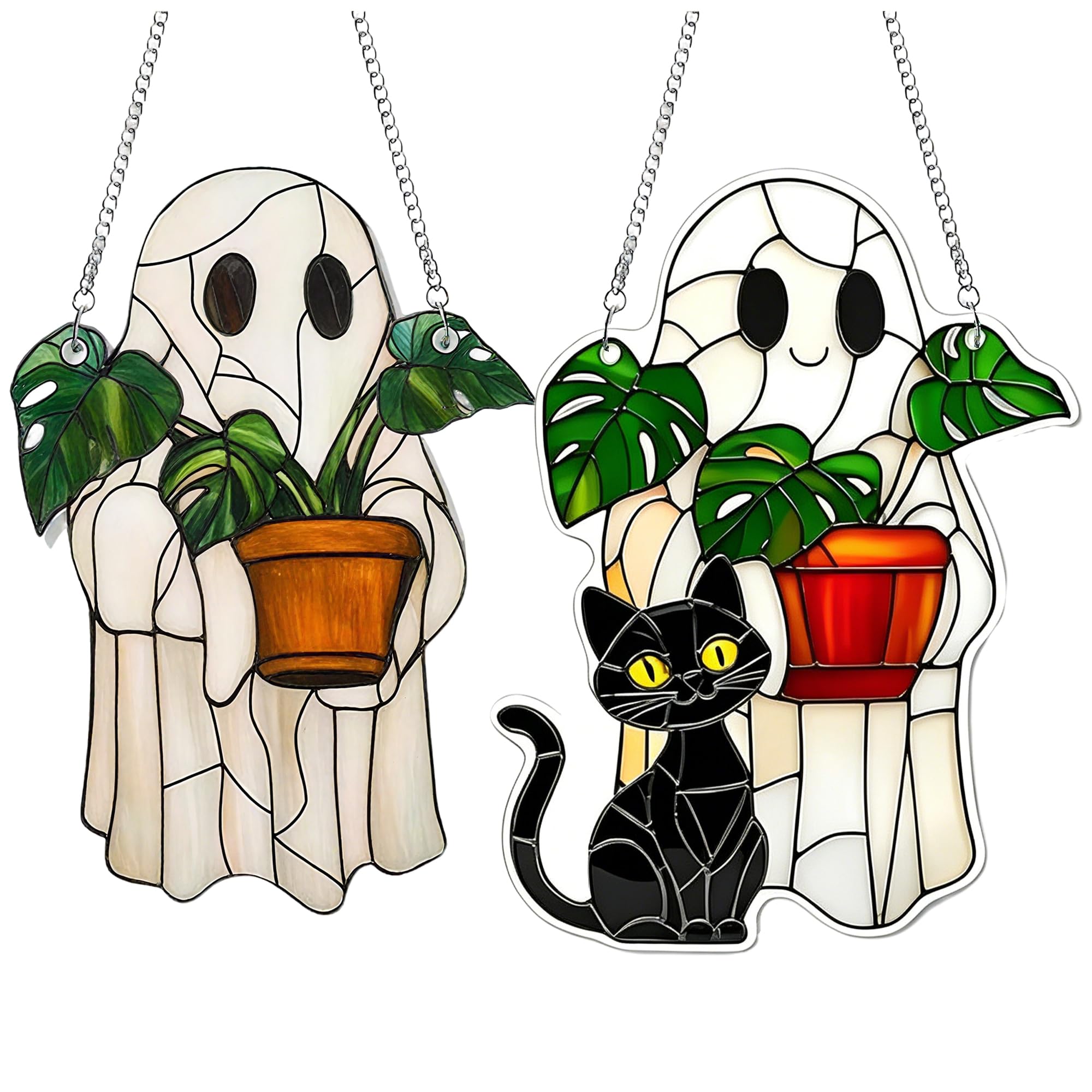 2 Pcs Cute Acrylic Ghost Plant Suncatcher, Outdoor Hanging Ornaments Sun Catchers for Garden, Creative Pendant Style Home Decor, Ghost Design Window Decorations Flat Wall Art Decoration (B)
