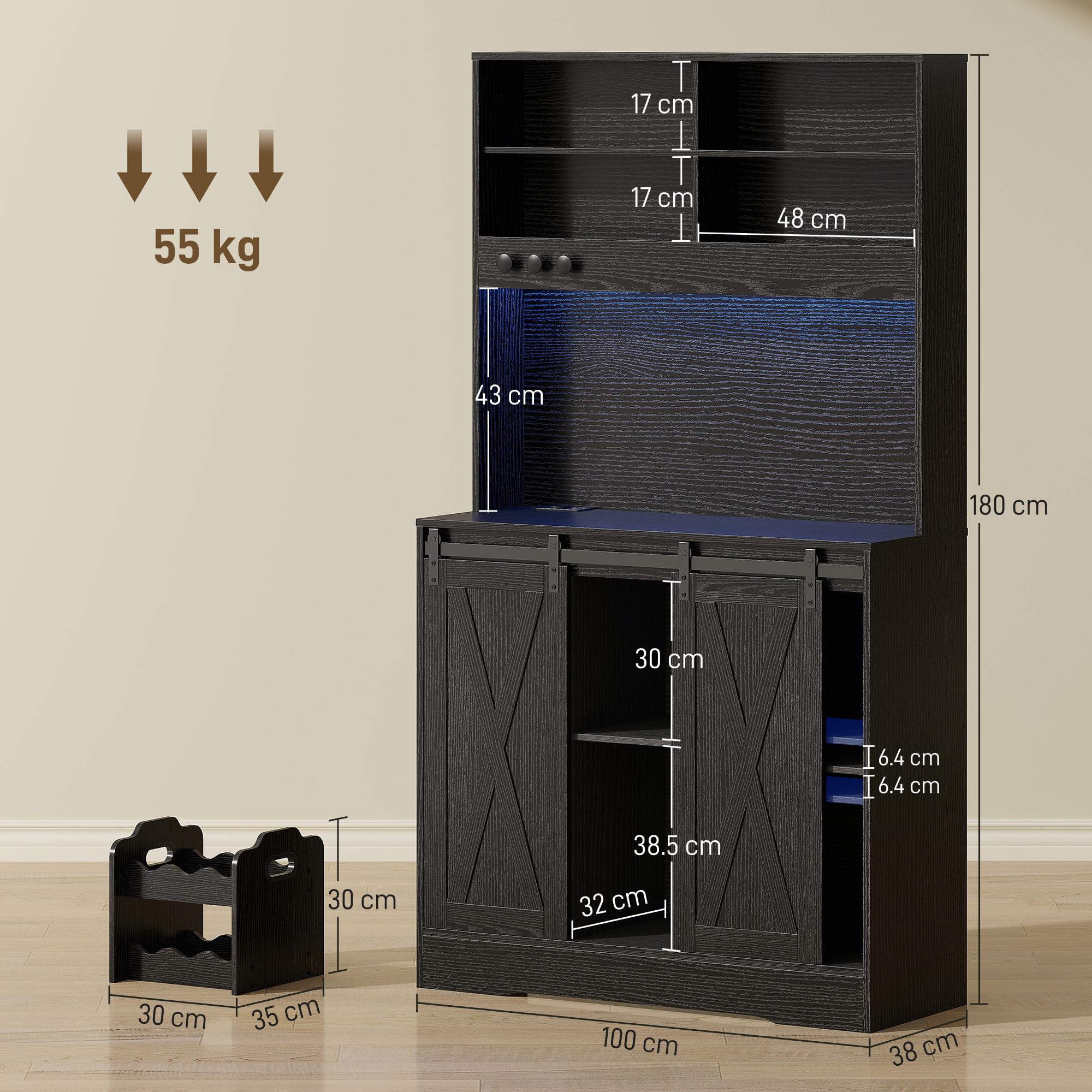 HOMCOM Credenza Cucina, Mobile Dispensa con Prese di Ricarica, Luci LED Regolabili, Portabottiglie Rimovibile per 6 Bottiglie, Mobile Buffet Ripiani Aperti, Ante Scorrevoli, per Sala da Pranzo, Nero
