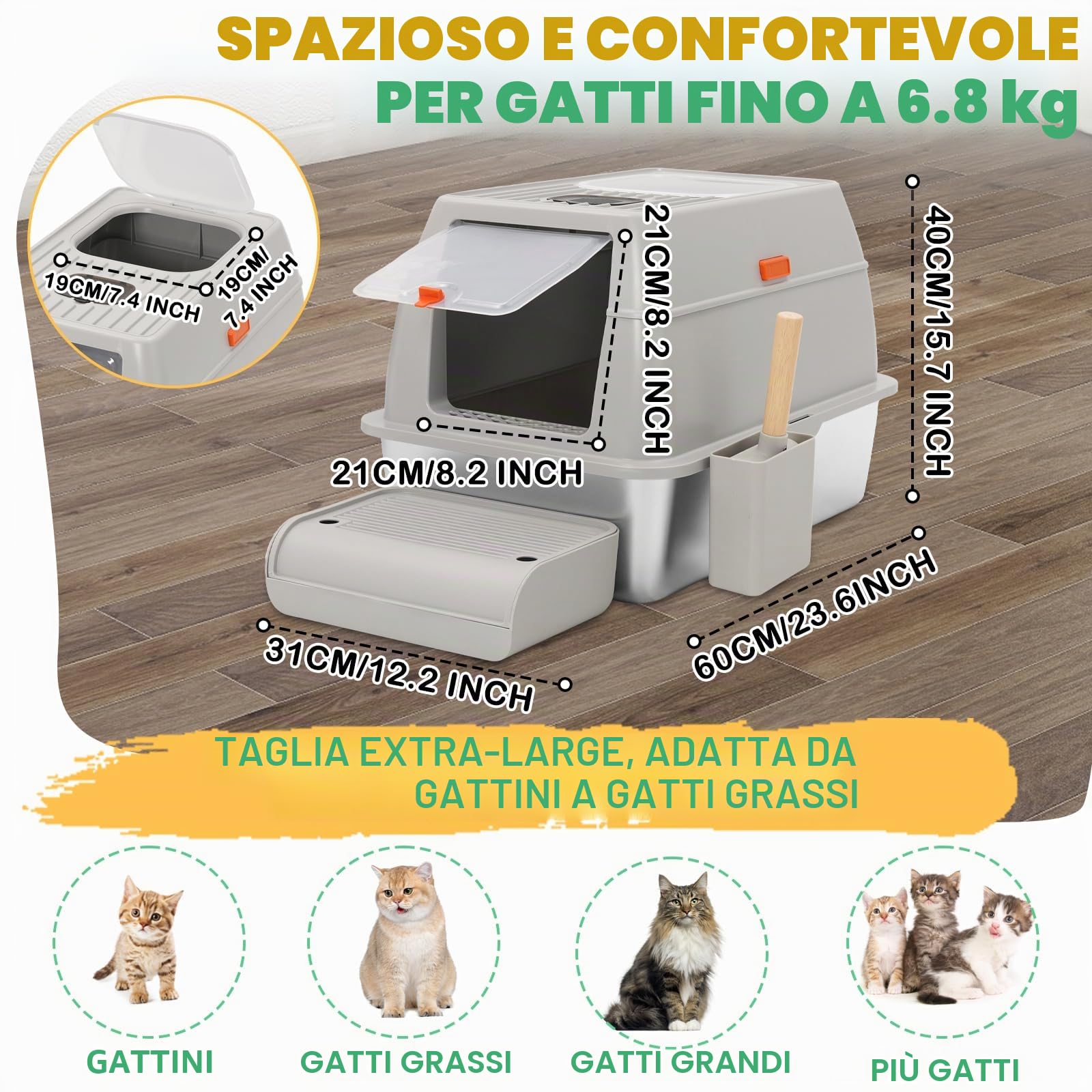 Lettiera Gatto Chiusa con pala e pedali,Lettiera Toilette per Gatti Chiusa,Grande Capacità,mit Doppeltem Eingang für Katzen aller Größen,Grigio