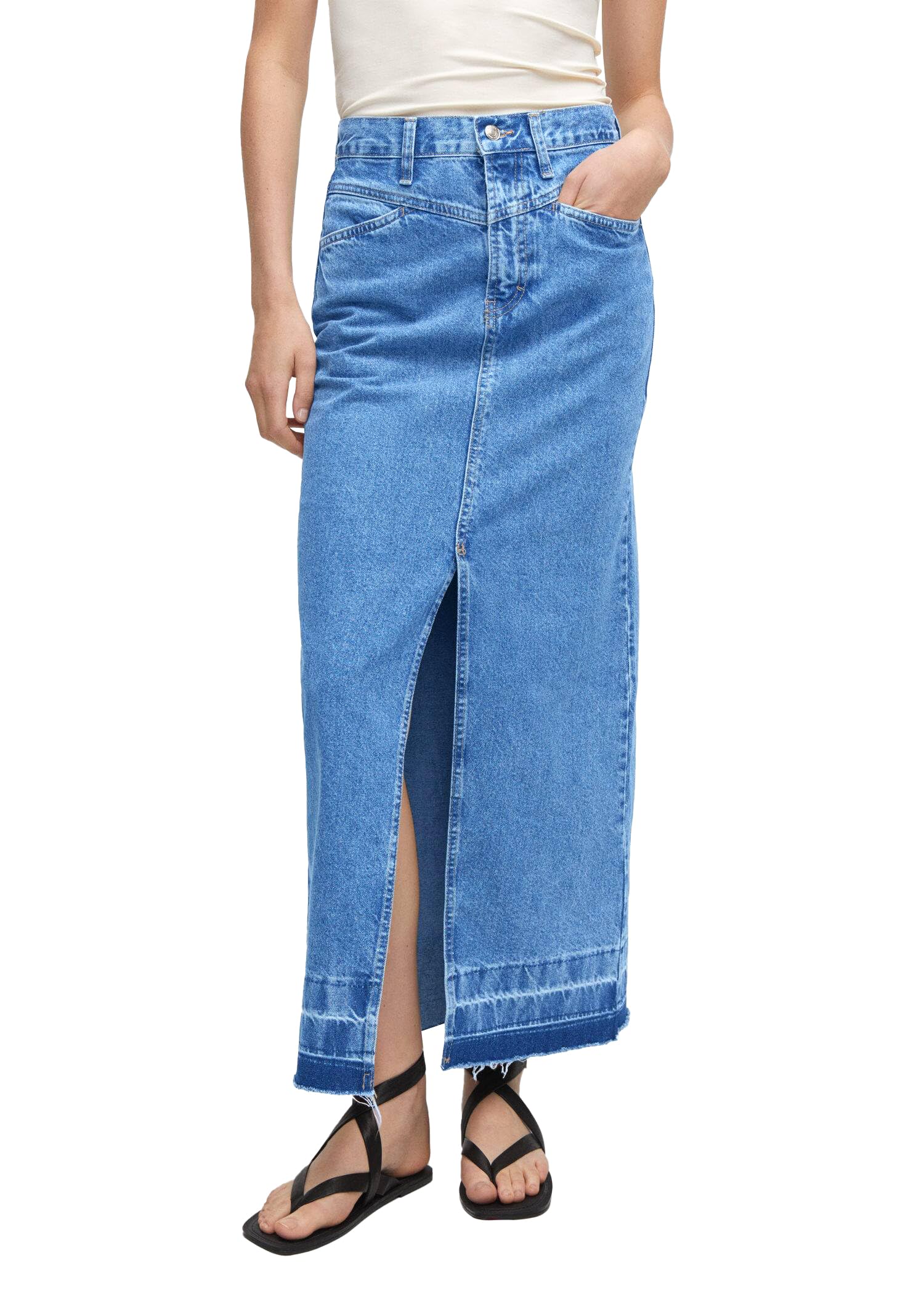 Wenrine Women's High Waisted Denim Skirts Frayed Hem Front Split Jean Maxi Skirt with Pockets