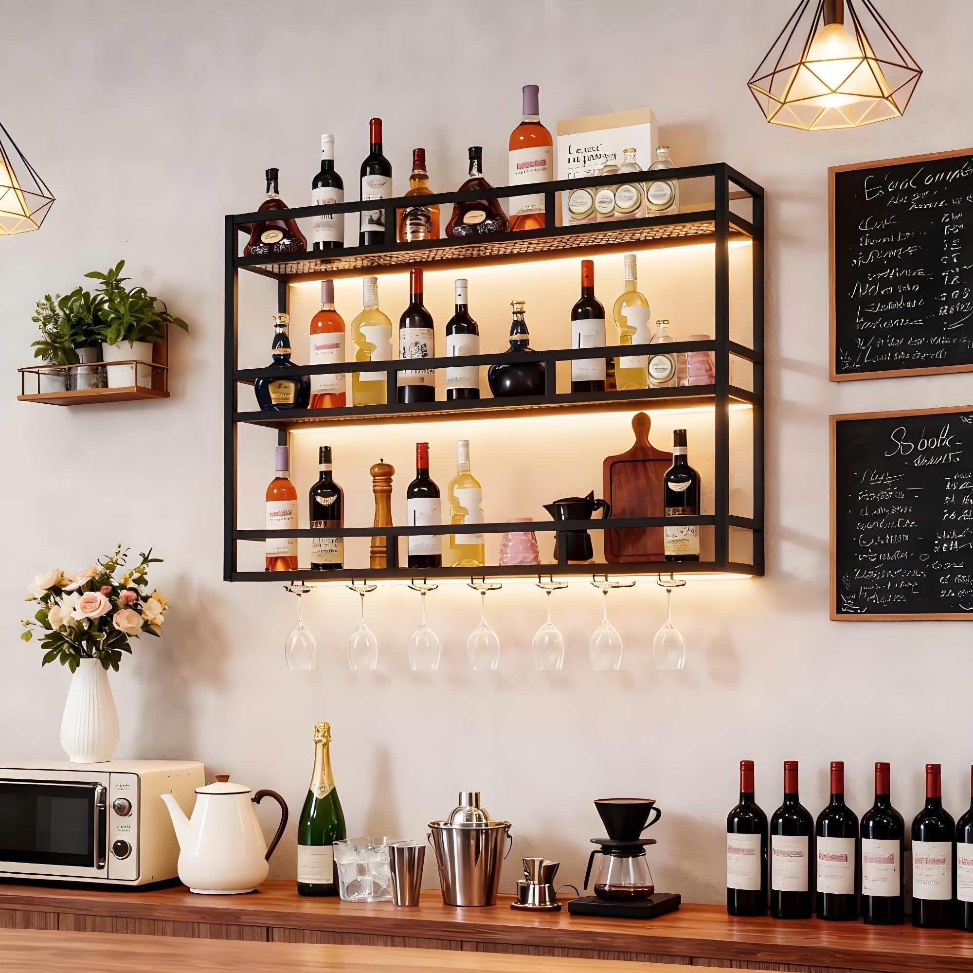 100 cm Wall Mounted Wine Rack 3-Tier With Bottle & Glass Holder