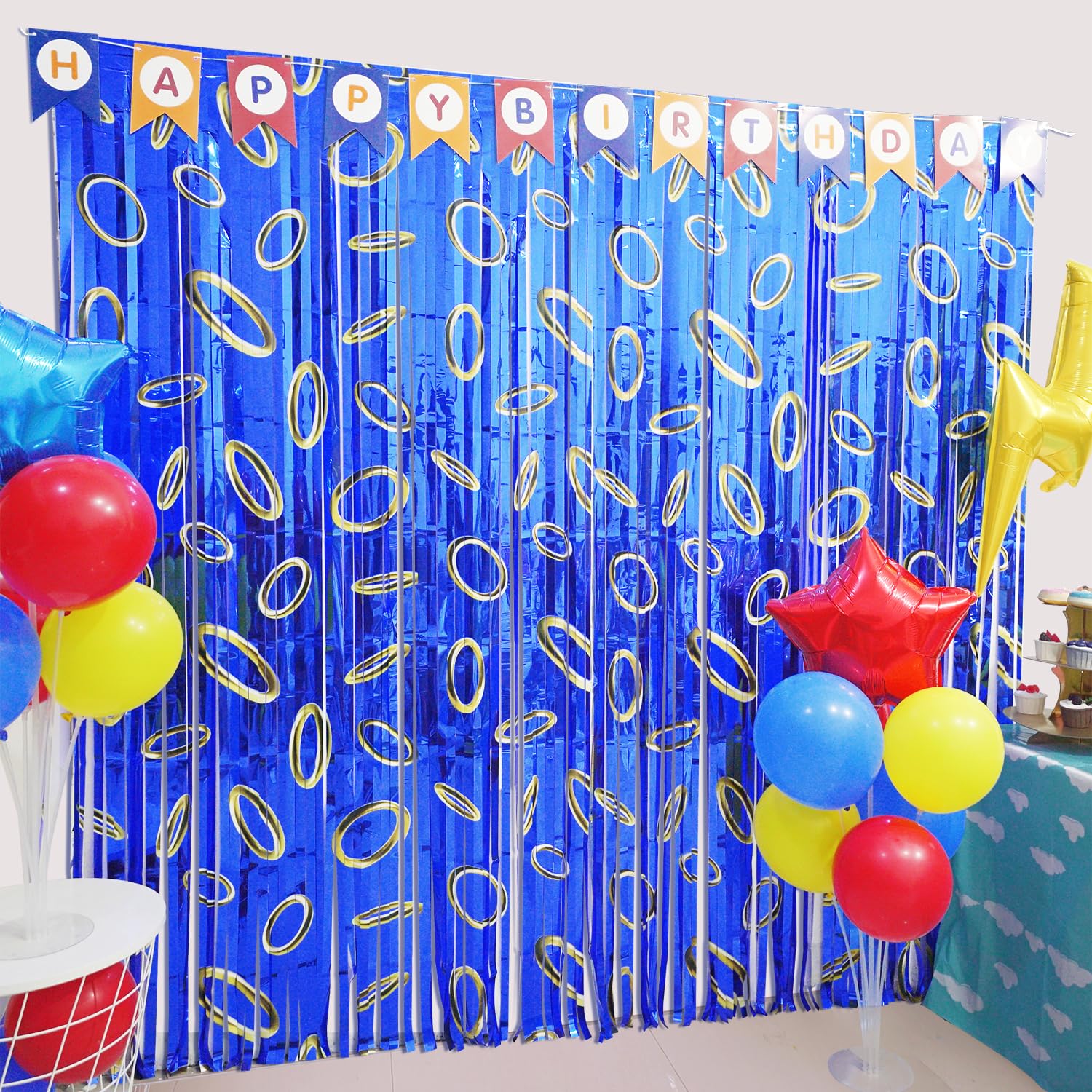 Cartoon Hedgehog Birthday Party Decoration, 4 Pack Hedgehog Party Backdrop Photo Booth Prop, Blue with Gold Ring Print Fringe Curtains Tinsel Photo