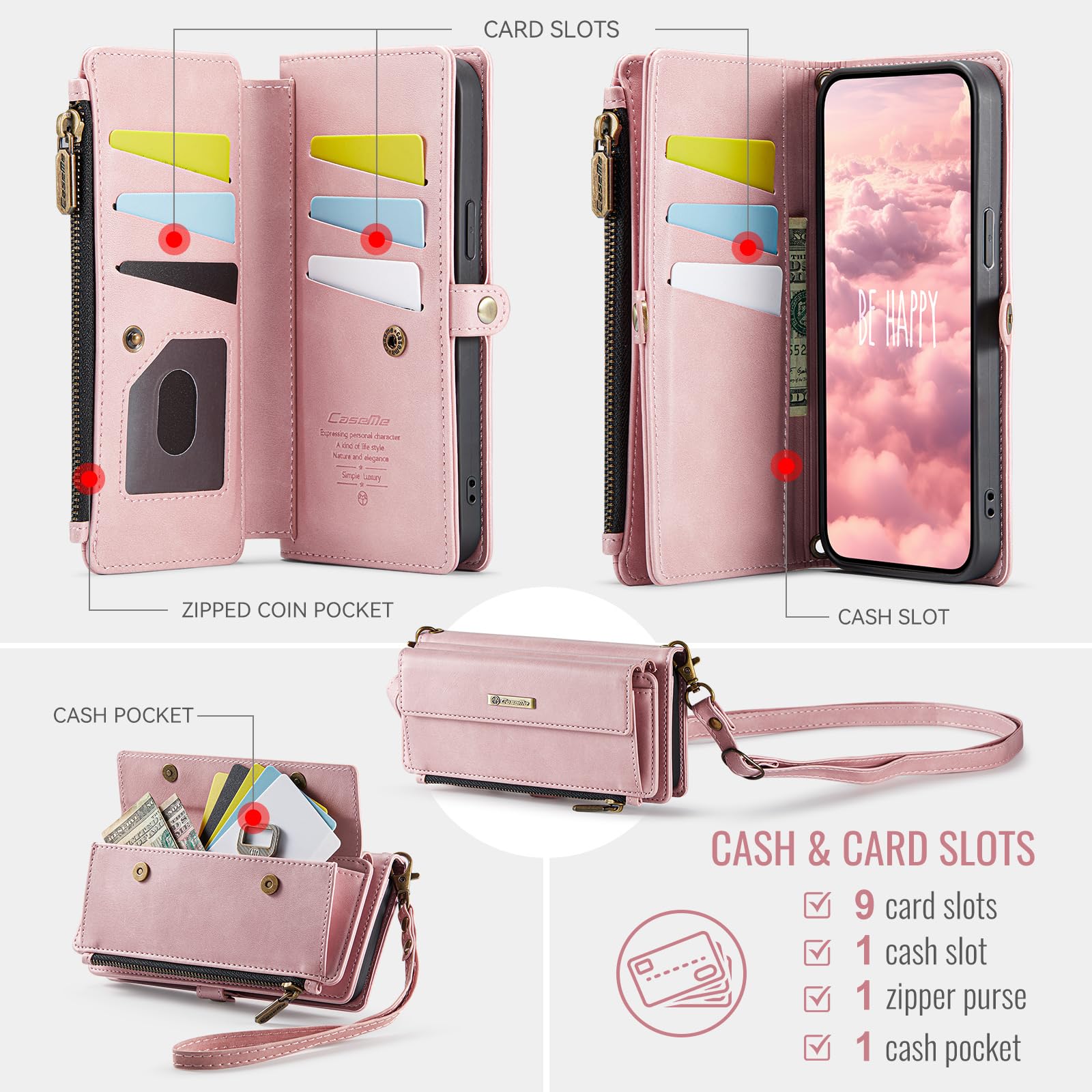 Etui portfelowe na iPhone'a 17 Pro, z 9 przegródkami na karty, blokujące RFID, magnetyczne zamknięcie, kieszeń na rachunki gotówkowe, skóra PU, z paskiem na nadgarstek crossbody, różowe