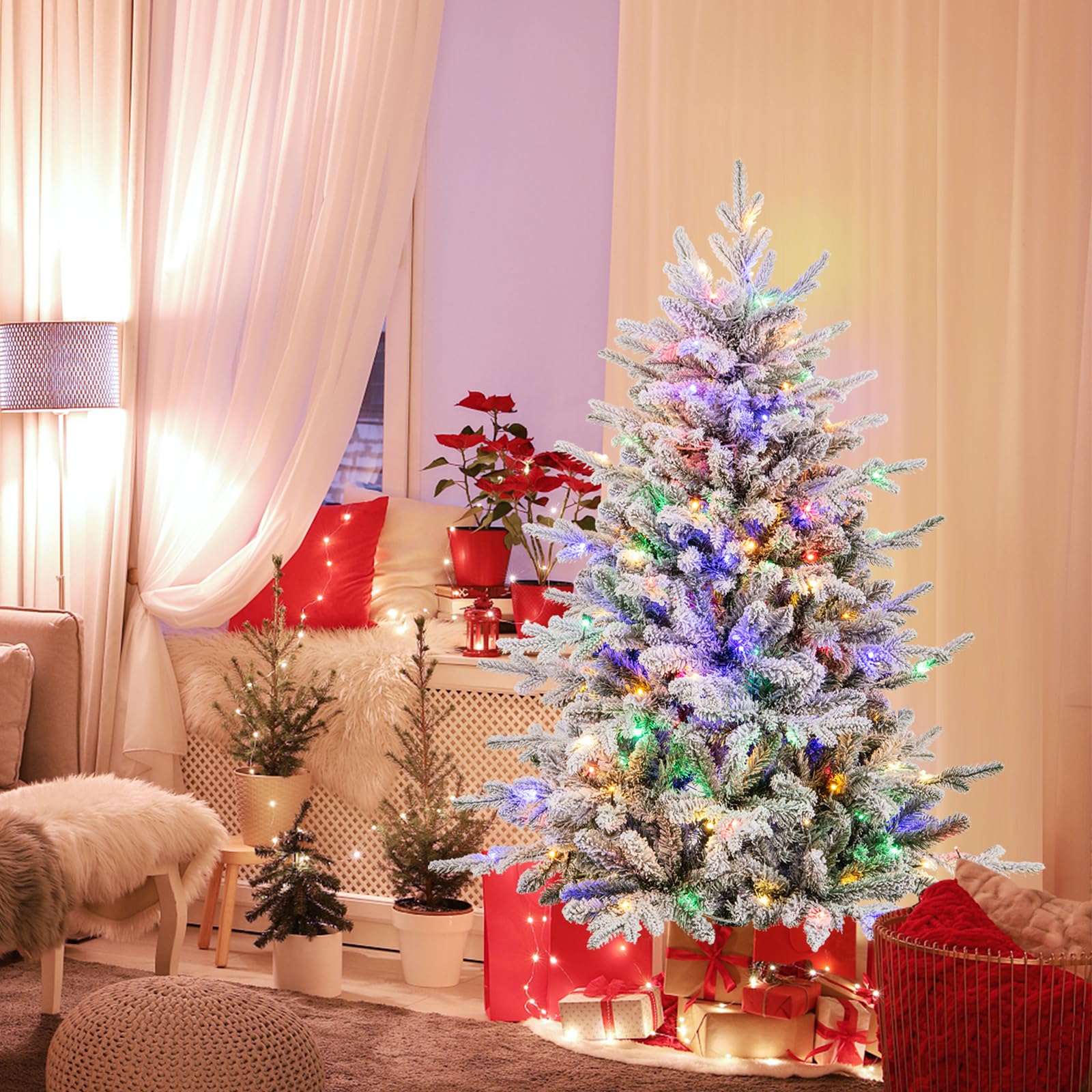 LIFEZEAL Albero di Natale innevato, albero di Natale artificiale con 436/820 rami, 160/260 luci a LED multicolori, 8 modalità di illuminazione, albero di Natale decorativo per interni (147 cm)