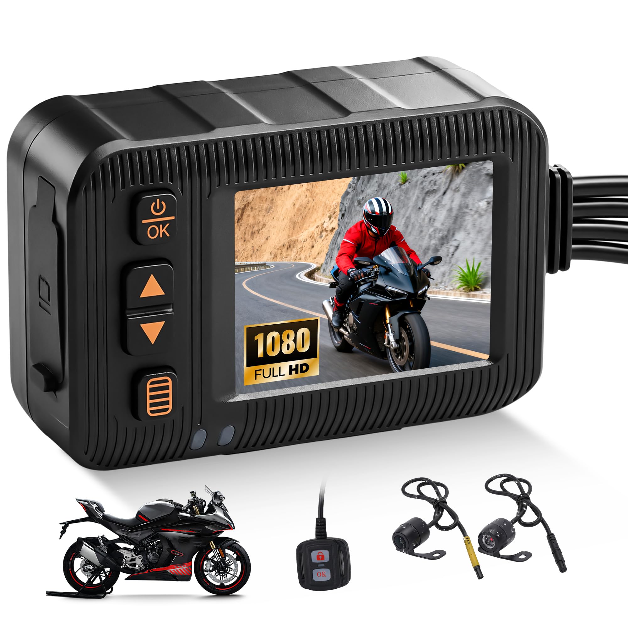 SIXWIN 1080P Dashcam para Moto Delantera y Trasera – Cámara Doble IP67 Impermeable, 2" HD con G-Sensor, Grabación en Bucle y Gran Angular – para Motocicletas, Motorsport, UTV y ATV