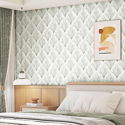 Miniatura 2 de Papel tapiz moderno para despegar y pegar, geométrico, de 17.3 x 78.8 pulgadas, papel tapiz de hojas verde claroblanco, papel tapiz bohemio