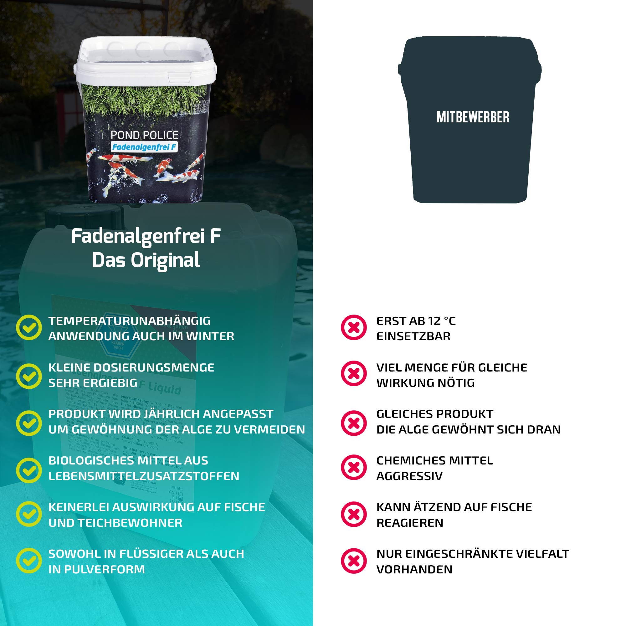 Fadenalgenfrei F • Fadenalgenvernichter 2,5kg • Ganzjähriger Algenvernichter für Teich • Phosphatfreier Fadenalgenvernichter Teich