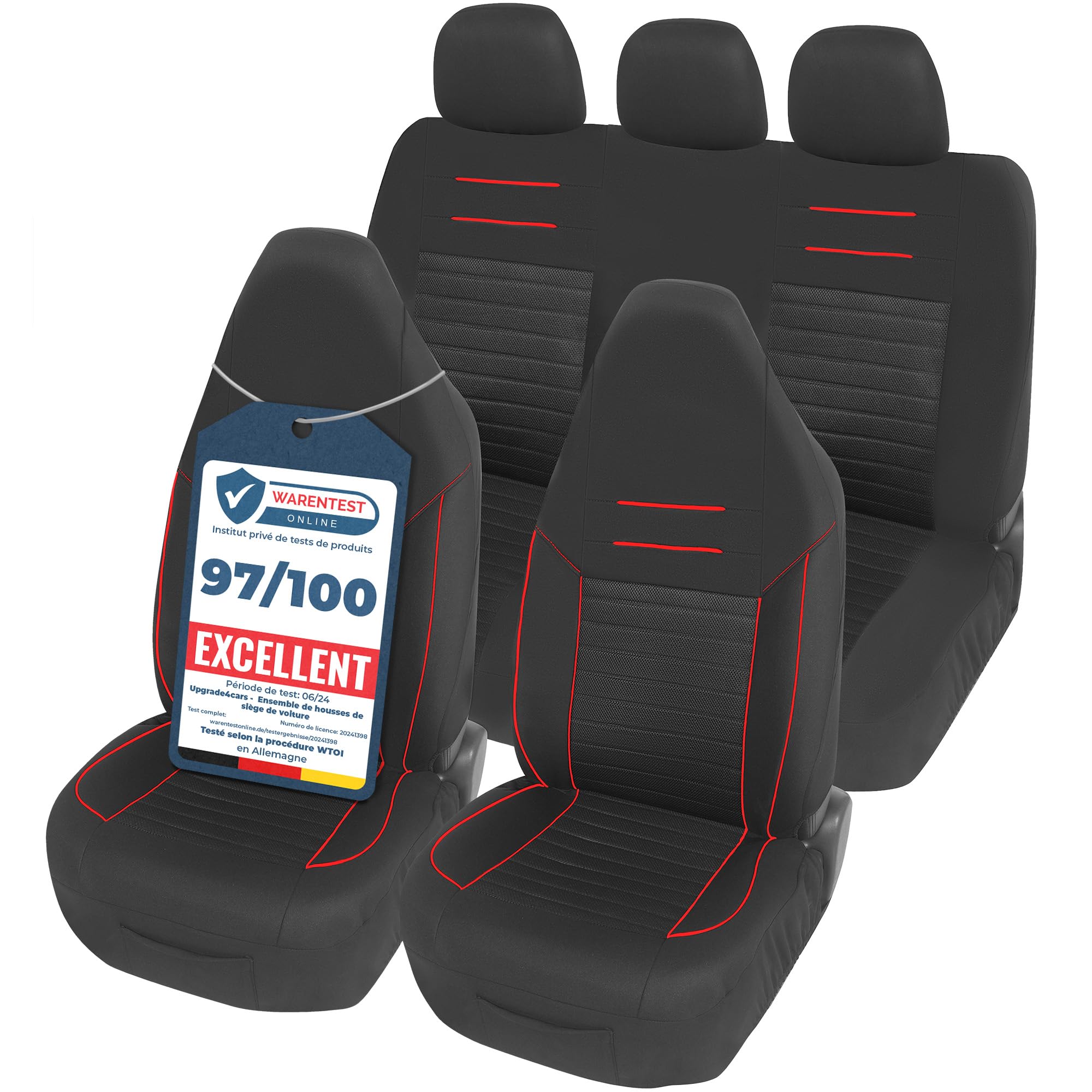 upgrade4cars Housse de Siege Voiture Appui Tête Intégré Universelle Noir Rouge | Ensemble de Housses Siège Auto Universel | Couvre Sieges pour Avant et Arrière