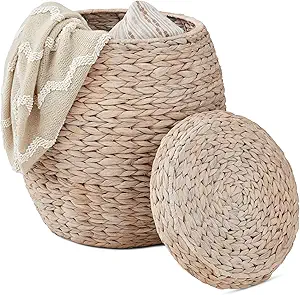 Best Choice Products Vintage Multipurpose Hyacinth Storage Basket, Plant Décor, Handwoven Organizer Tote for Bedroom, Living Room, Bathroom, w/Lid - Transparent White
