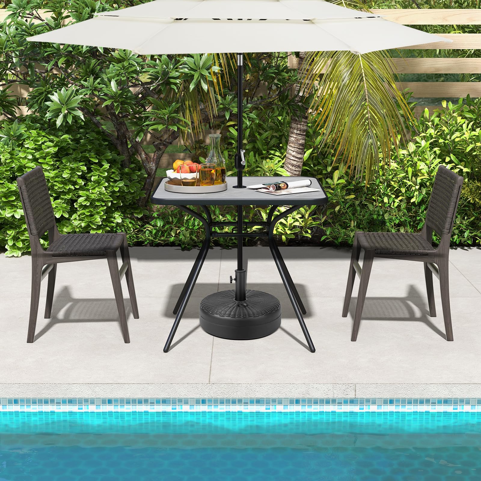 GIANTEX Mesa de jardín, mesa con orificio central para sombrilla, mesa cuadrada de exterior, estructura metálica, capacidad de carga 100 kg, tablero con diseño de imitación de mármol, color negro