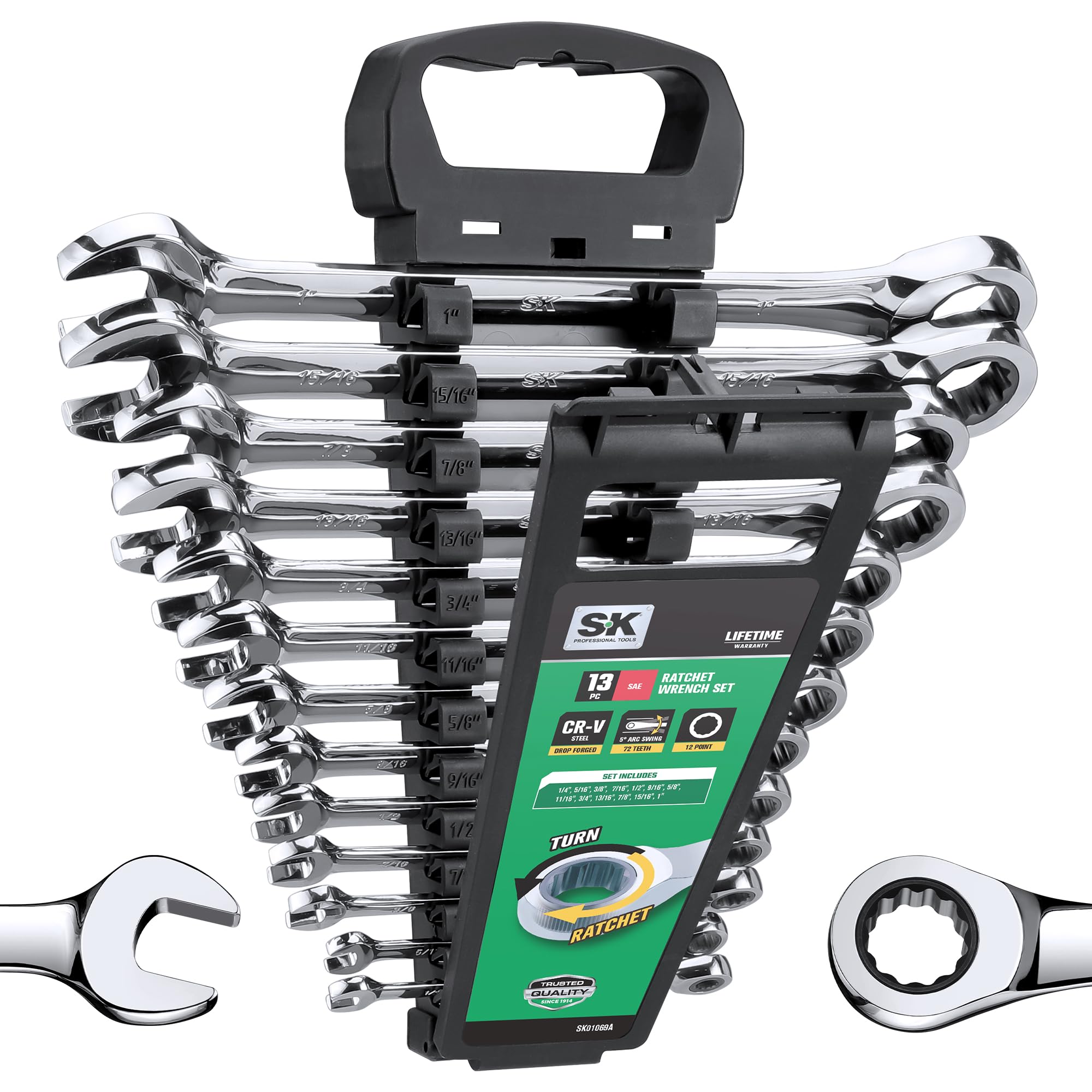 Clés à cliquet 13 pièces avec mécanisme 72 dents et construction CR-V