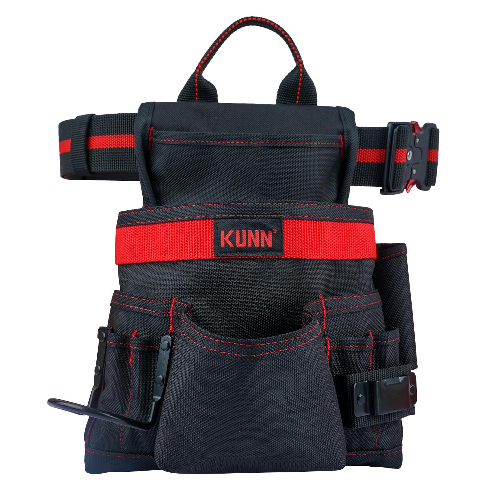 KUNN Bolsa de herramientas de carpintero de 10 bolsillos, cinturón ajustable de 2 pulgadas, construcción resistente, soporte para martillo y clip de cinta métrica