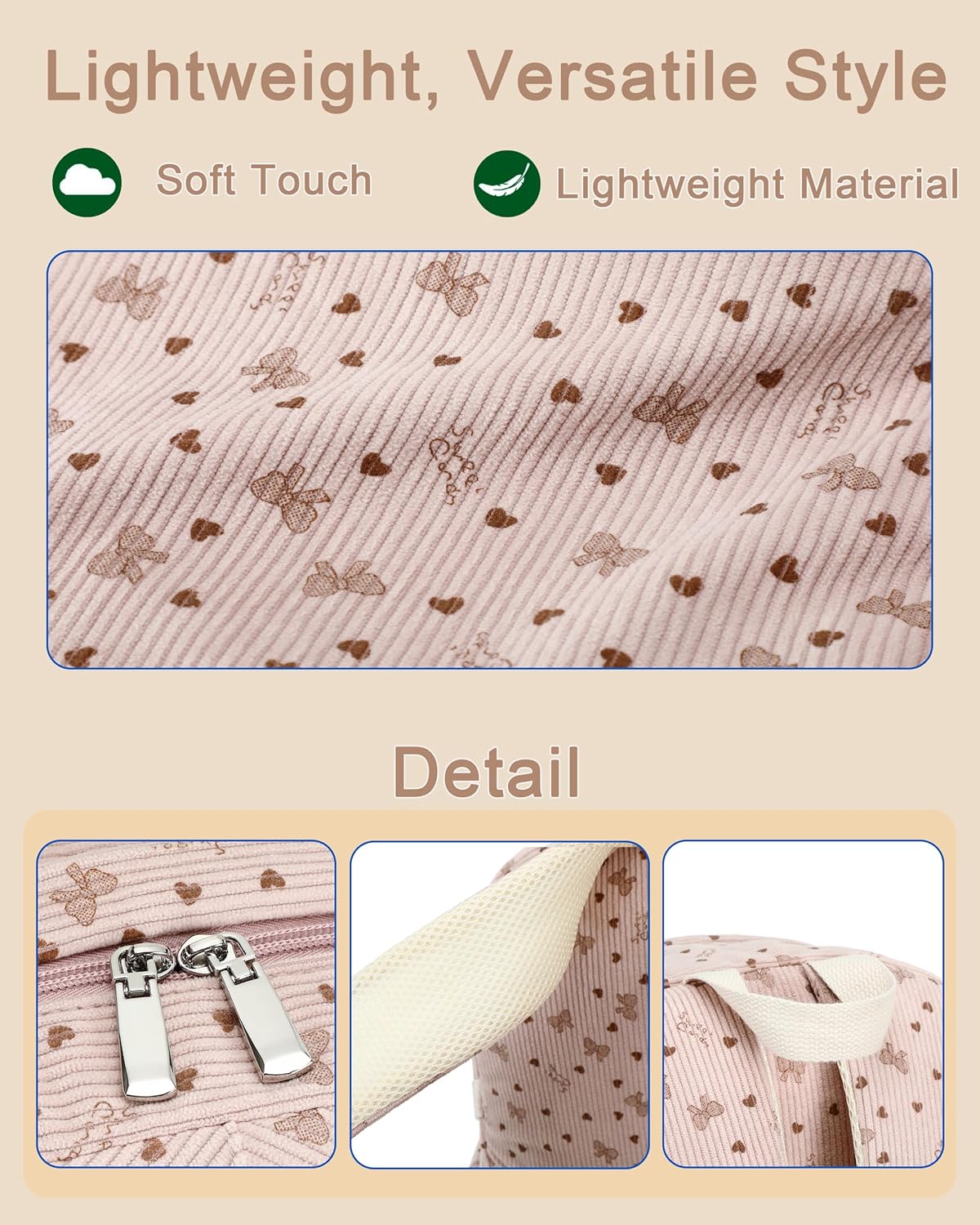 Hidds School Backpack with Lunch Box for Teens Girls Women 15.6 Inch Laptop College Backpacks with Lunch Bag Bookbag Set Corduroy Kids Elementary Middle High Bag Students Daypack - Pink Bowknot Set - Image 7