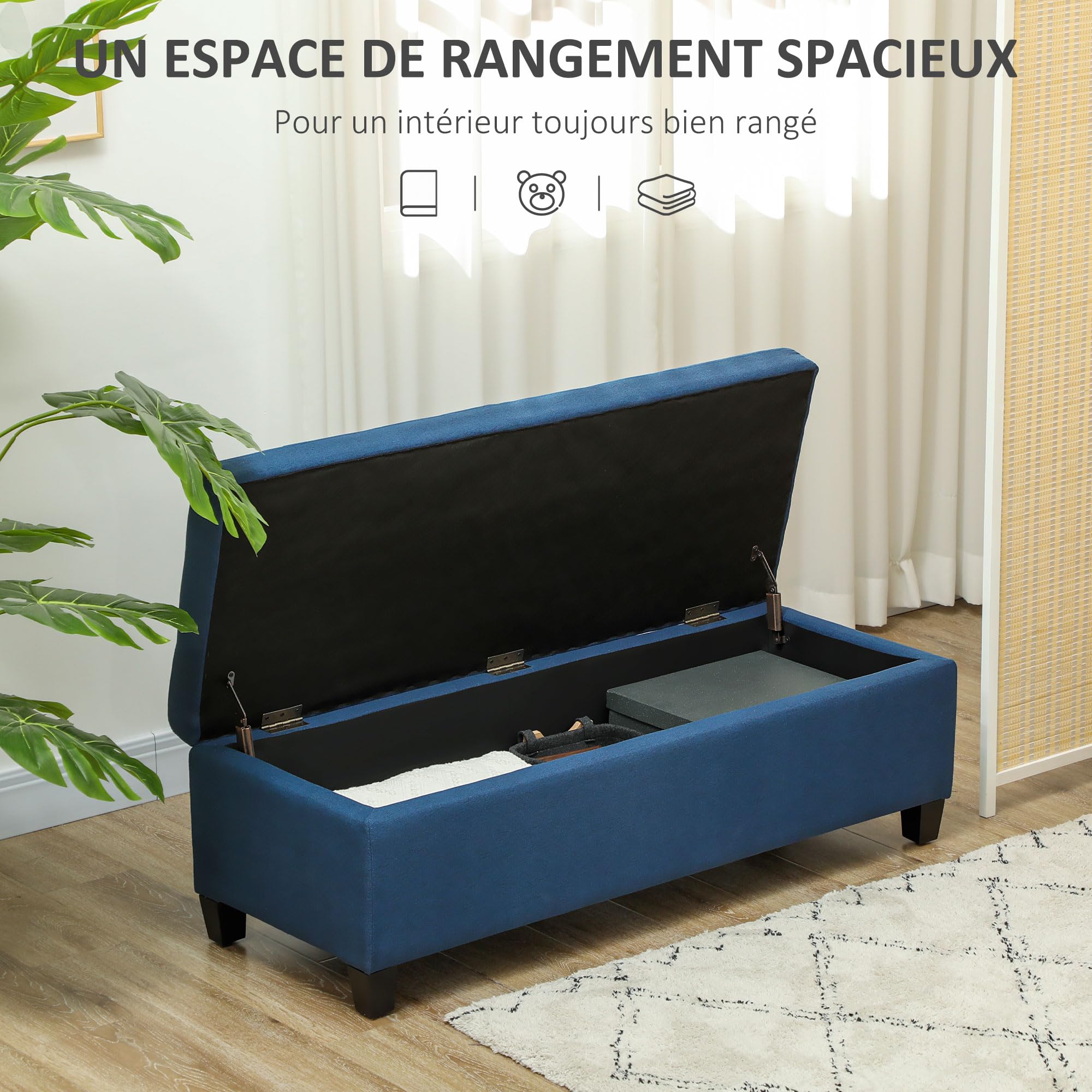HOMCOM Banc de Rangement 94,5L Siège Capitonné 125 x 49 x 41,5 cm Bleu | Banquette Bout de Lit, Coffre de Rangement, Tissu Aspect Lin, Pieds en Bois, Salon, Chambre, Entrée, Intérieur