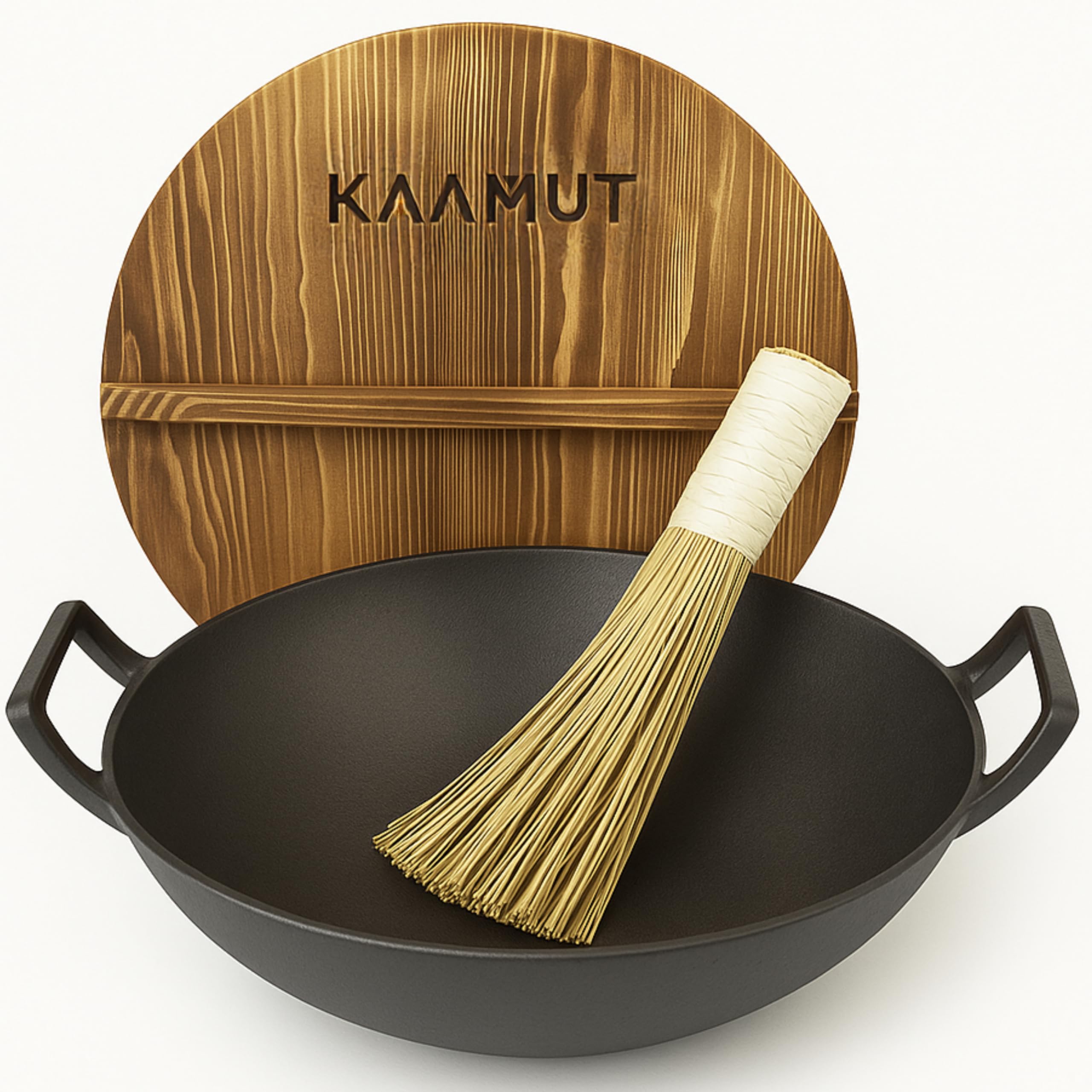 Professioneller Wok Wadjan Ø36 cm – Gusseisen – Mit Holzdeckel & Bambus-Wokbürste – Für alle Wärmequellen geeignet