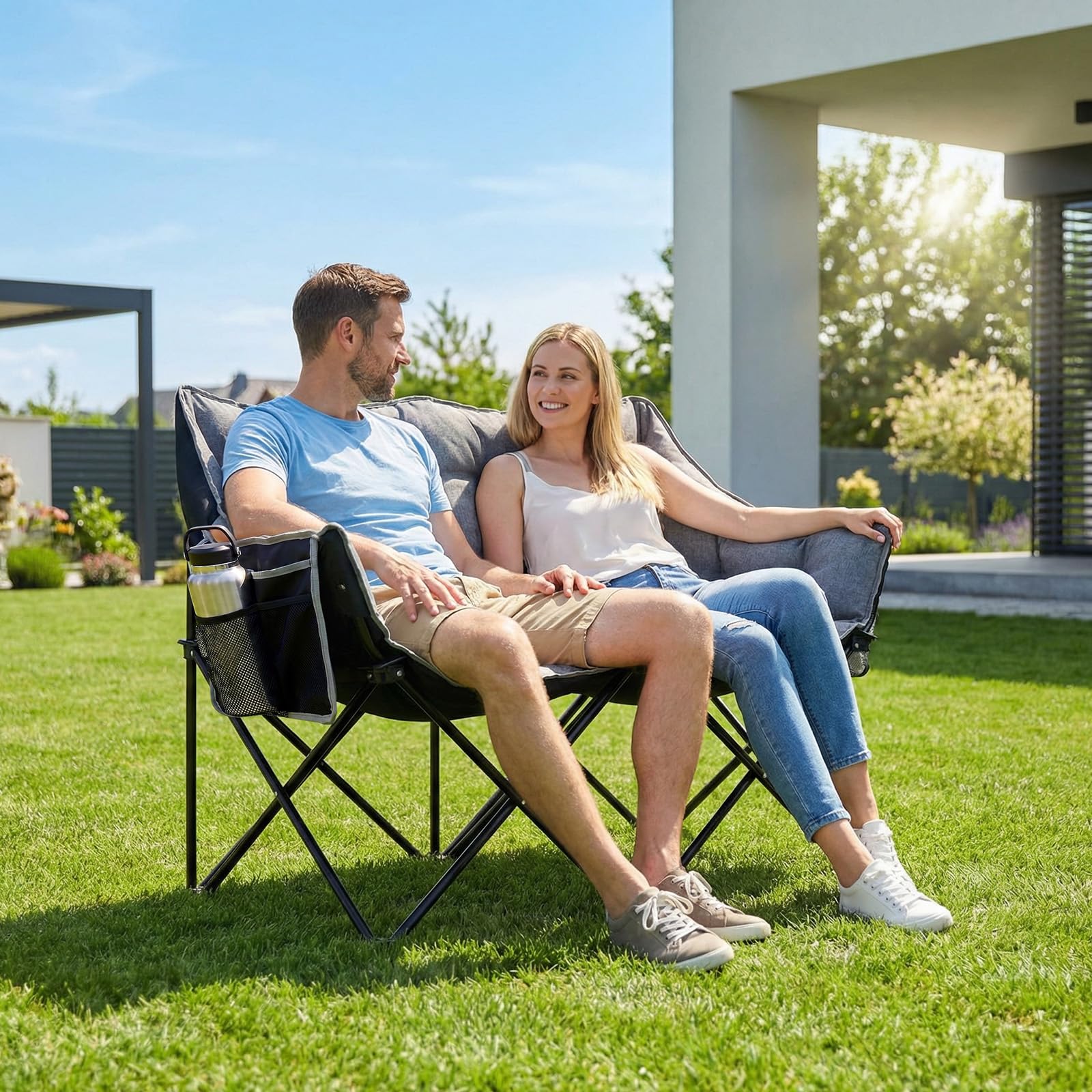 LIFERUN Campingsofa für 2 Personen 320KG, Camping Sofa mit 2 Sitzer, Grau | Doppel Campingstuhl Faltbar, Campingsessel Gepolstert, Rückentasche, Lagerungstasche, Seitentasche, für Outdoor,Angeln,Strand