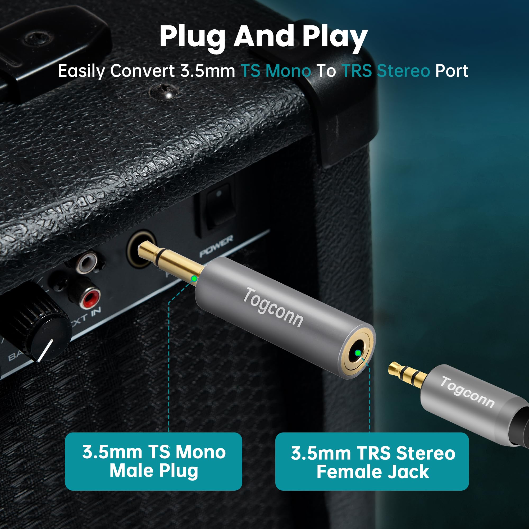 Confezione da 2 adattatori da mono a audio stereo da 3,5 mm, connettore TS mono maschio da 1/8" a jack stereo TRS (femmina), accessori convertitore connettore placcato oro e (guscio in alluminio) per
