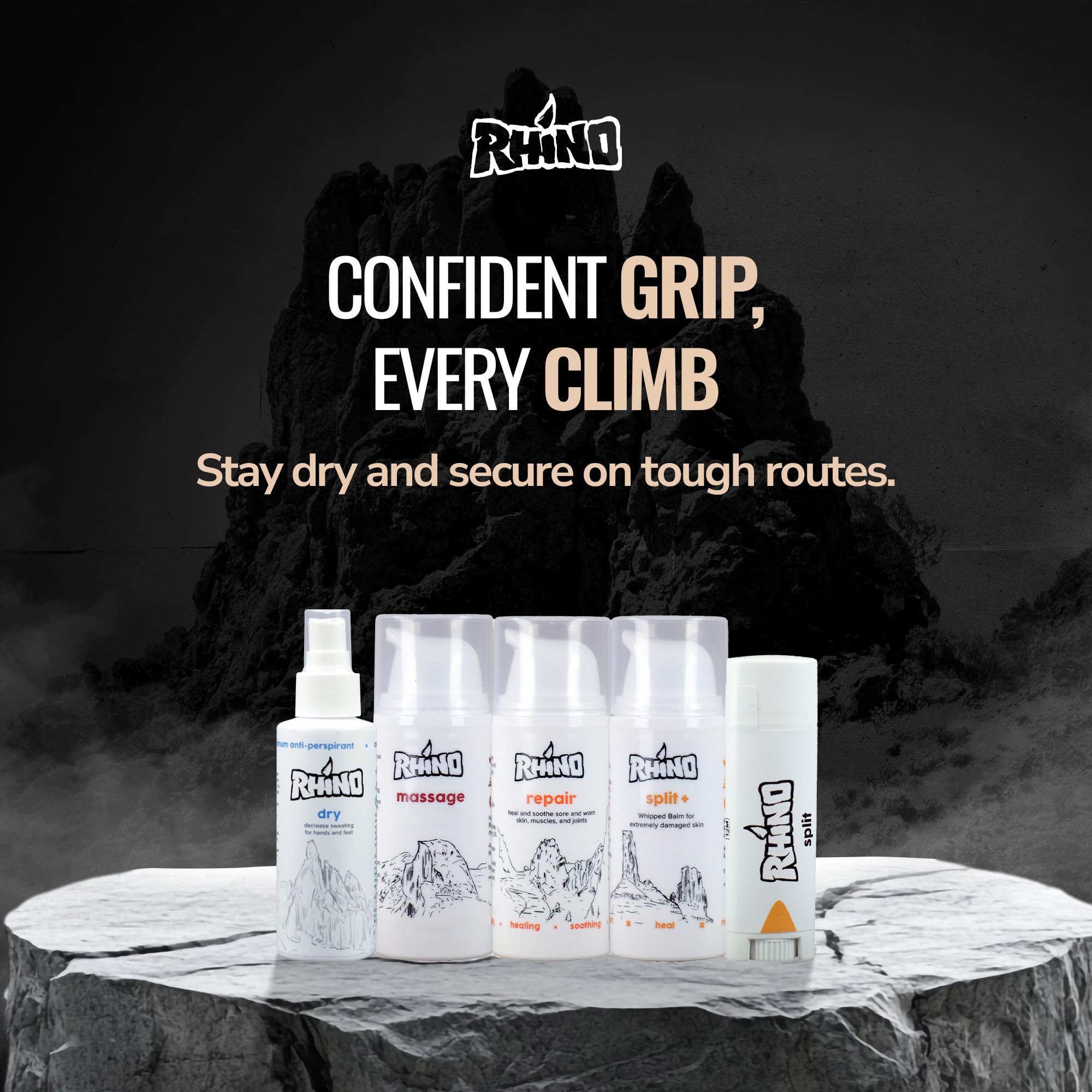 Rhino Skin Starter Kit Bundle – Climbing Skincare 5-teiliges Set mit Handcreme, Lotion, Conditioner, Antitranspirant und Balsam | Für trockene und rissige Hände | Handcremes in Reisegröße mit