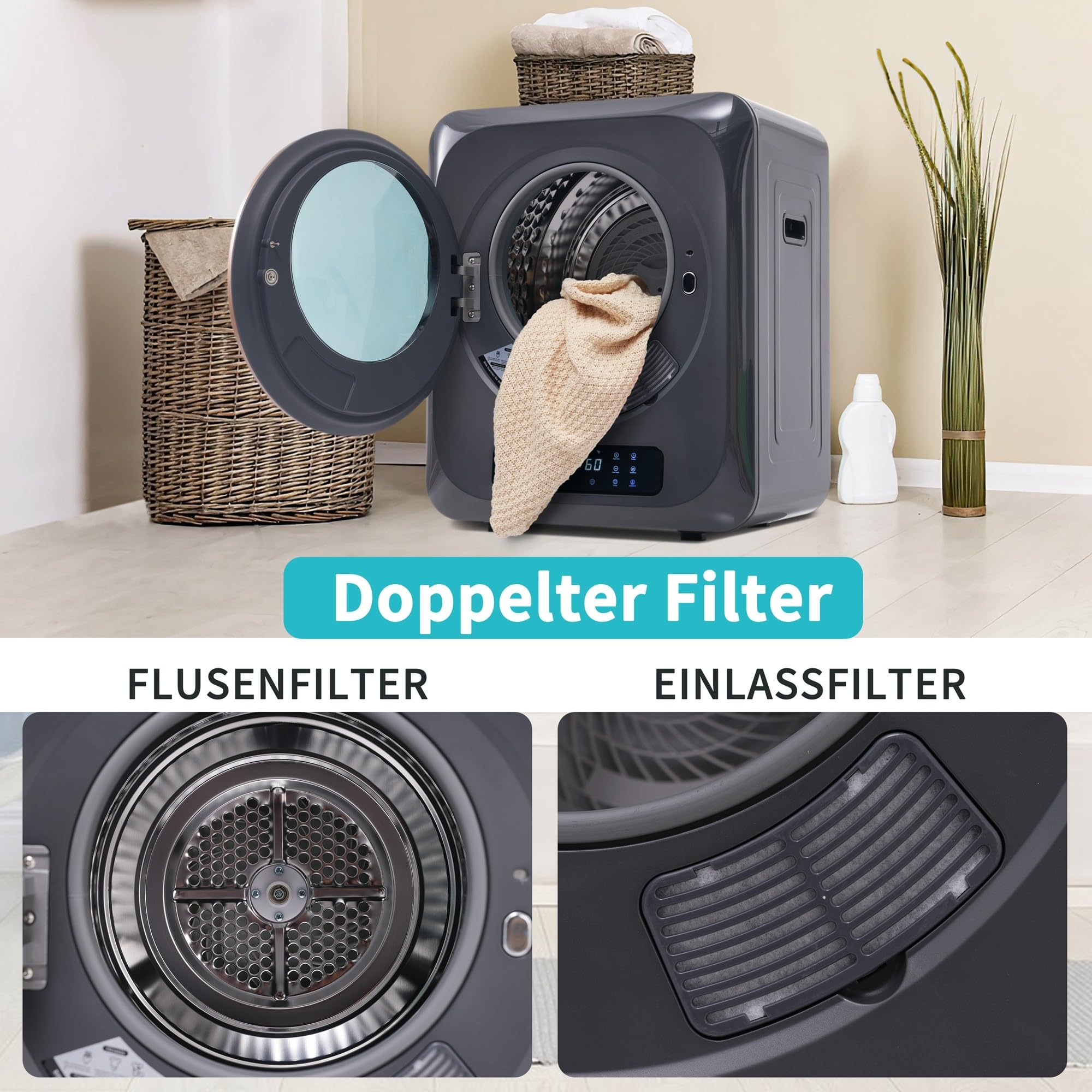 Wäschetrockner Abgastrockner, Edelstahltrockner, 2,5 kg, tatsächlich bis zu 4 kg, 850 W, Mehrfachfiltration, 6 Programme, 6 Funktionen. Überhitzungsschutz, Wandmontage,Grey