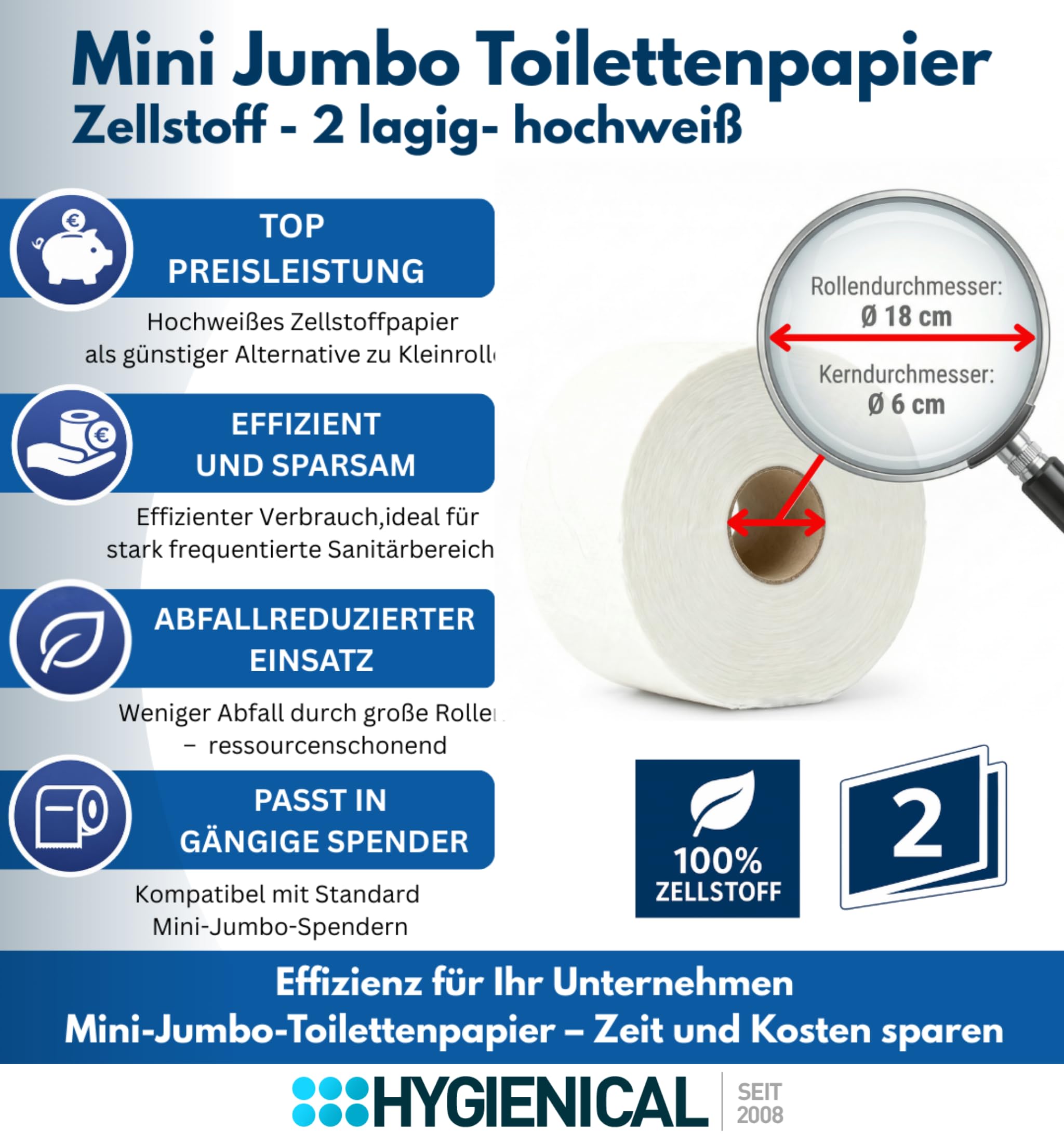 Jumbo-Toilettenpapierrollen, 2-lagig, 310 m, 5,7 cm Kern, 6 Stück Jumbo-Toilettenpapierrollen, 2-lagig, 310 m, 5,7 cm Kern, 6 Stück