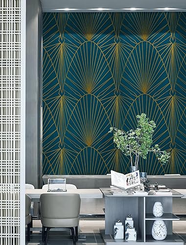 Miniatura 6 de Yasinet Papel tapiz azul para despegar y pegar, papel tapiz azul y dorado, papel de contacto geométrico moderno con rayas doradas, papel de pared