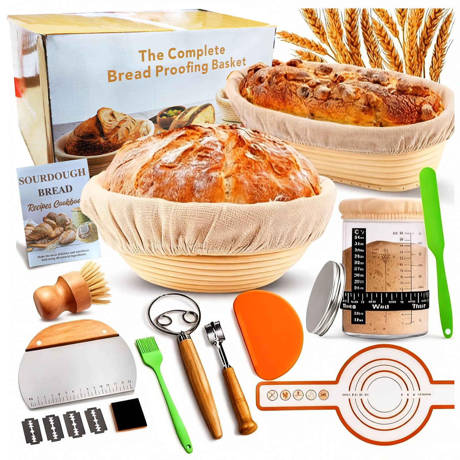 Lot de 21 paniers à pain – Comprend un kit de démarrage au levain, un panier à baneton, un grattoir à pâte, un outil de notation du pain et plus encore pour les boulangers maison – Tout ce dont vous