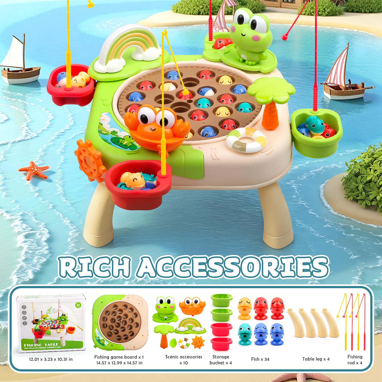 Magnetisches Angelspiel Kinder ab 4 Jahre, Musikalisches Angelspielzeug mit 34 Fischen und 4 Angelruten, Interaktives Brettspiel für Jungen Mädchen, Geschenk für Geburtstag Weihnachten