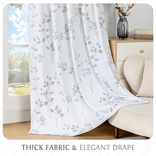 Miniatura 4 de Beauoop Cortinas florales 100% opacas de 84 pulgadas de largo, 2 paneles para dormitorio, sala de estar, estampado de flores grises y blancas