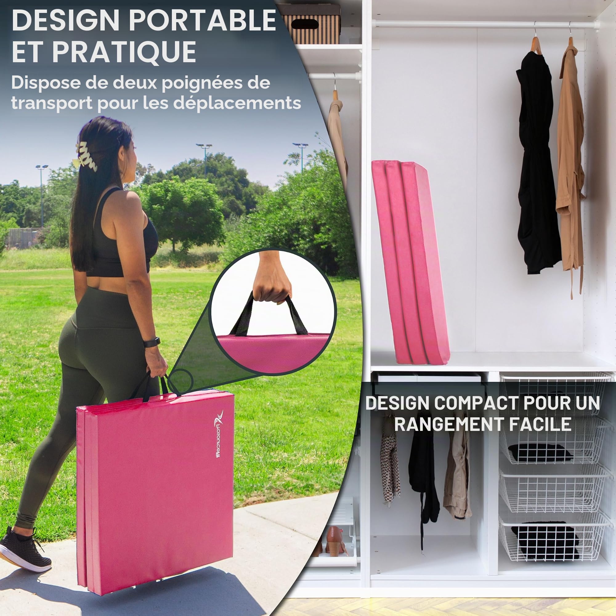 ProsourceFit Tapis d'exercice pliable à trois plis épais 1,8 x 0,6 m avec poignées de transport pour MMA, gymnastique, étirements, entraînements de base