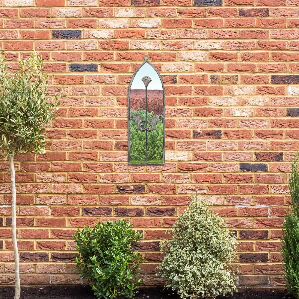MirrorOutlet The Arcus - Concrete Colour Framed Modern Arched Garden Wall Mirror 24" X 8" (60CM X 20CM) Silver Mirror Glass with Black All weather Backing.