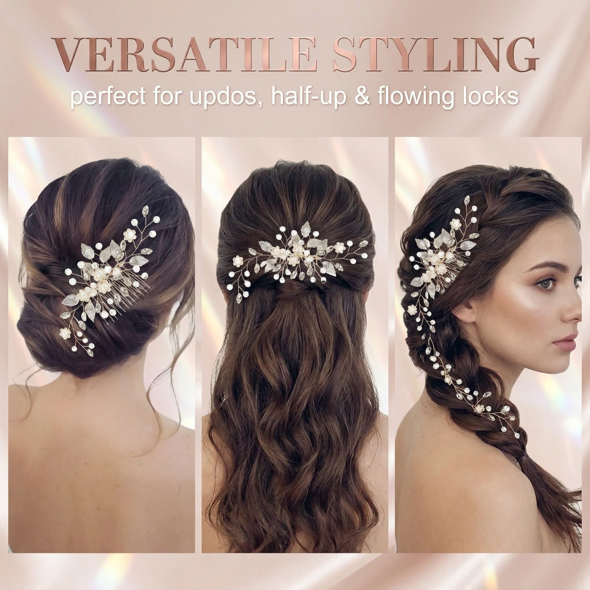 Tocados de Pelo Boda Novia, Oro Rosa Peinetas para el Pelo Flor, Perla Headpiece Nupcial Cristal Hoja Accesorios para el Cabello, Accesorios Pelo para Mujeres y Niñas