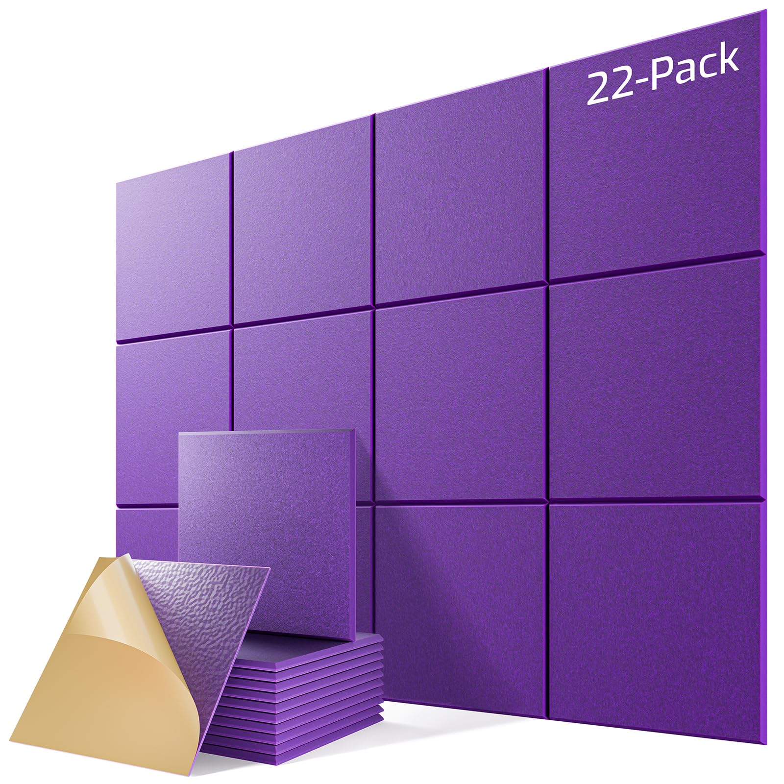 22 Pack Self-Adhesive Acoustic Panels, 12" X 12" X 0.4" High-Density Sound Proof Foam Panels for Walls, Soundproof Wall Panels for Home &amp; Office (Purple)