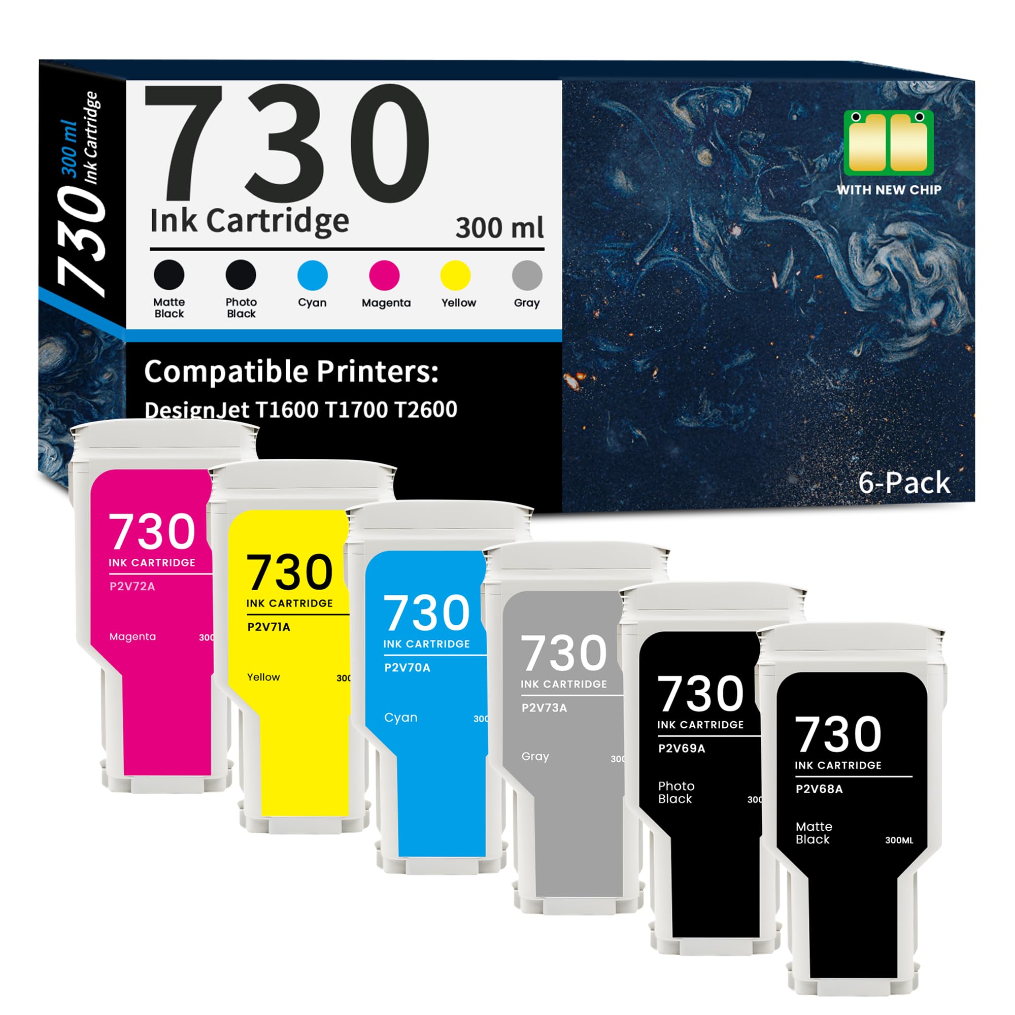 Xeepton 730 Ink Cartridge 300ML Pigment Ink Tank Bundle Replacement for HP 730 Ink Cartridges P2V68A P2V69A P2V70A P2V71A P2V72A P2V73A for DesignJet