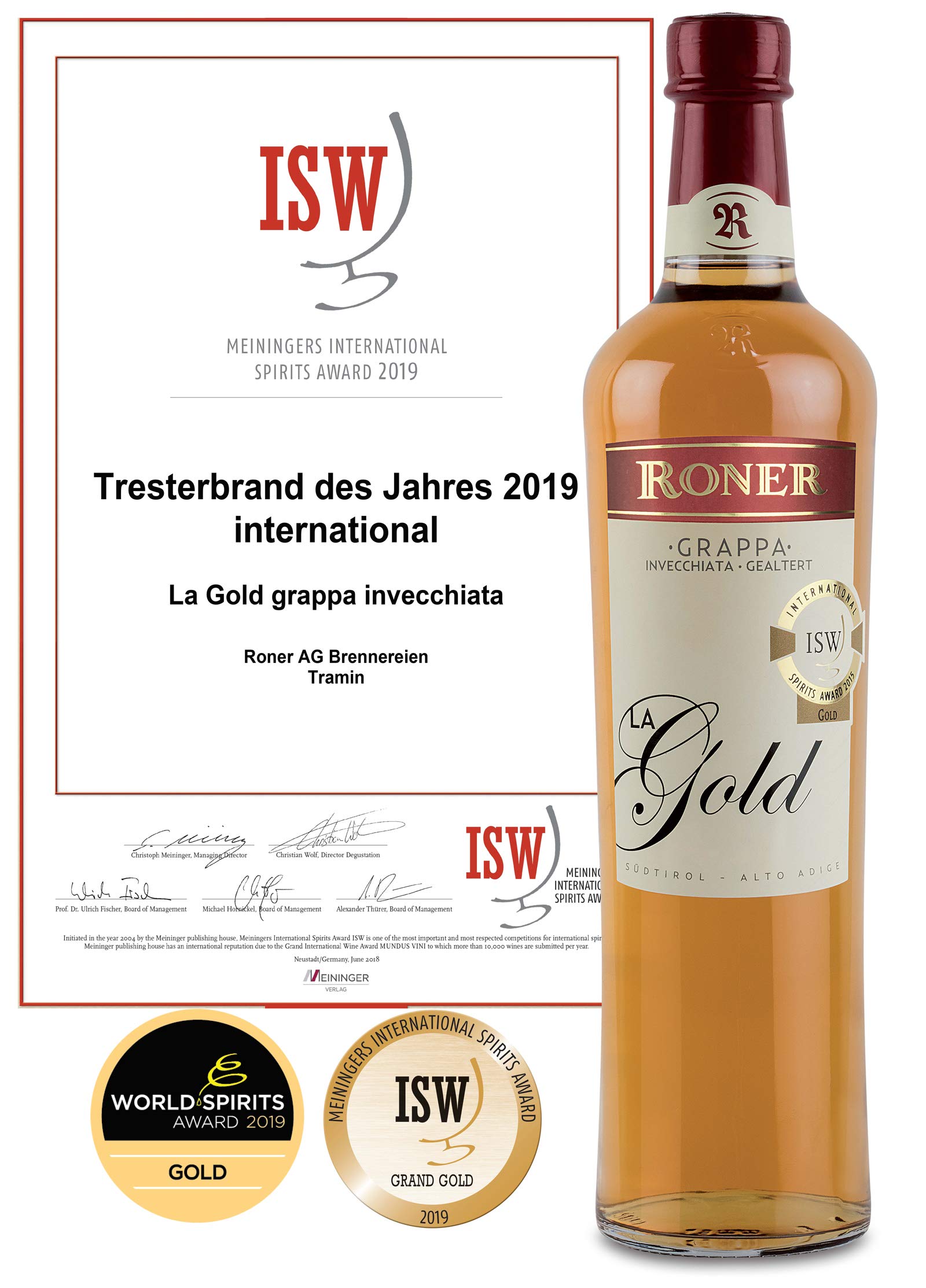 Grappa Riserva Invecchiata 18 Mesi La Gold Roner, 0,7 ℓ