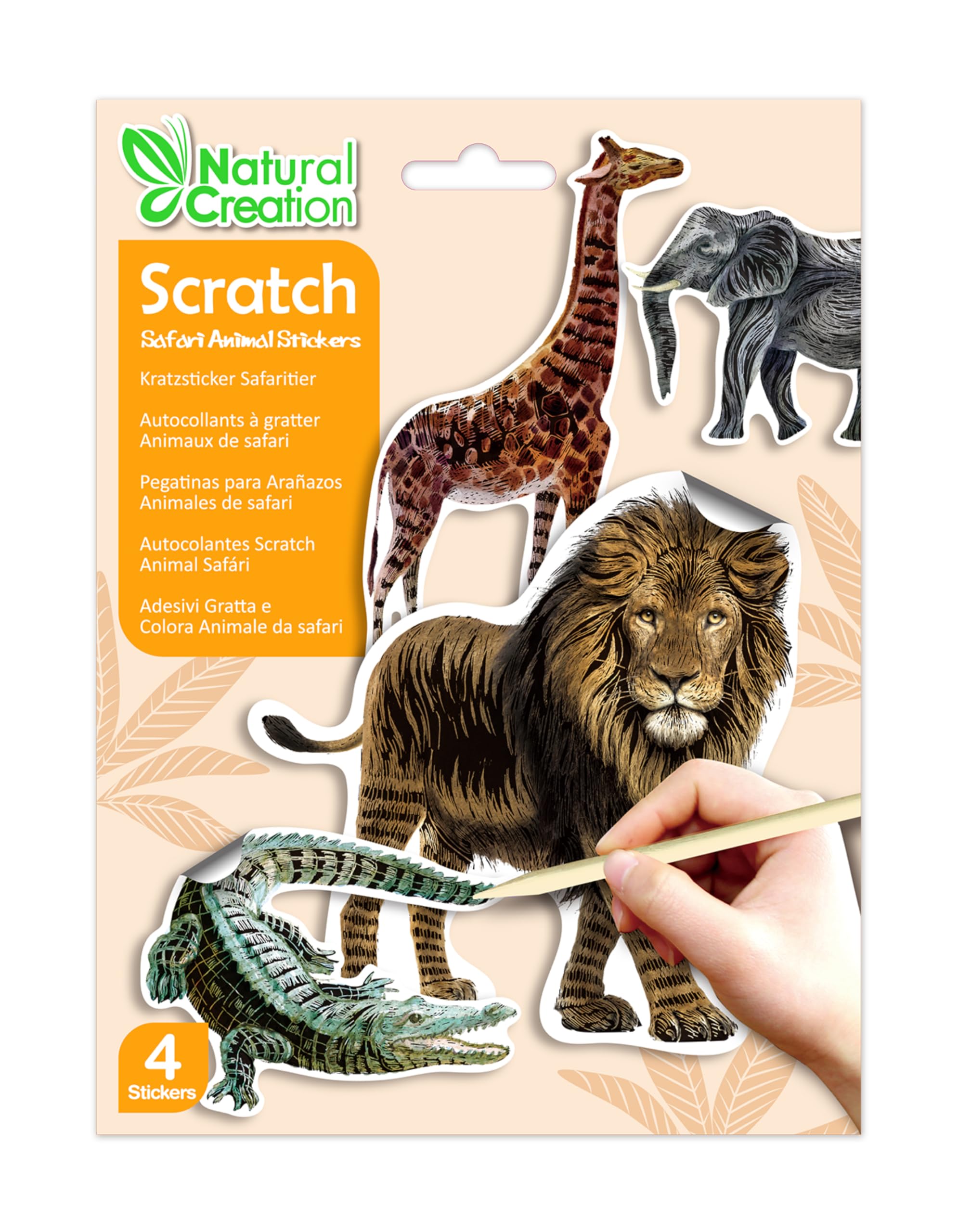 Avenir - Natural Creation Scratch Safari Animals Stickers – Lion, Elephant, Giraffe, Crocodile | Creative Scratch Art Sticker Kit for Kids | Educational Animal Fun