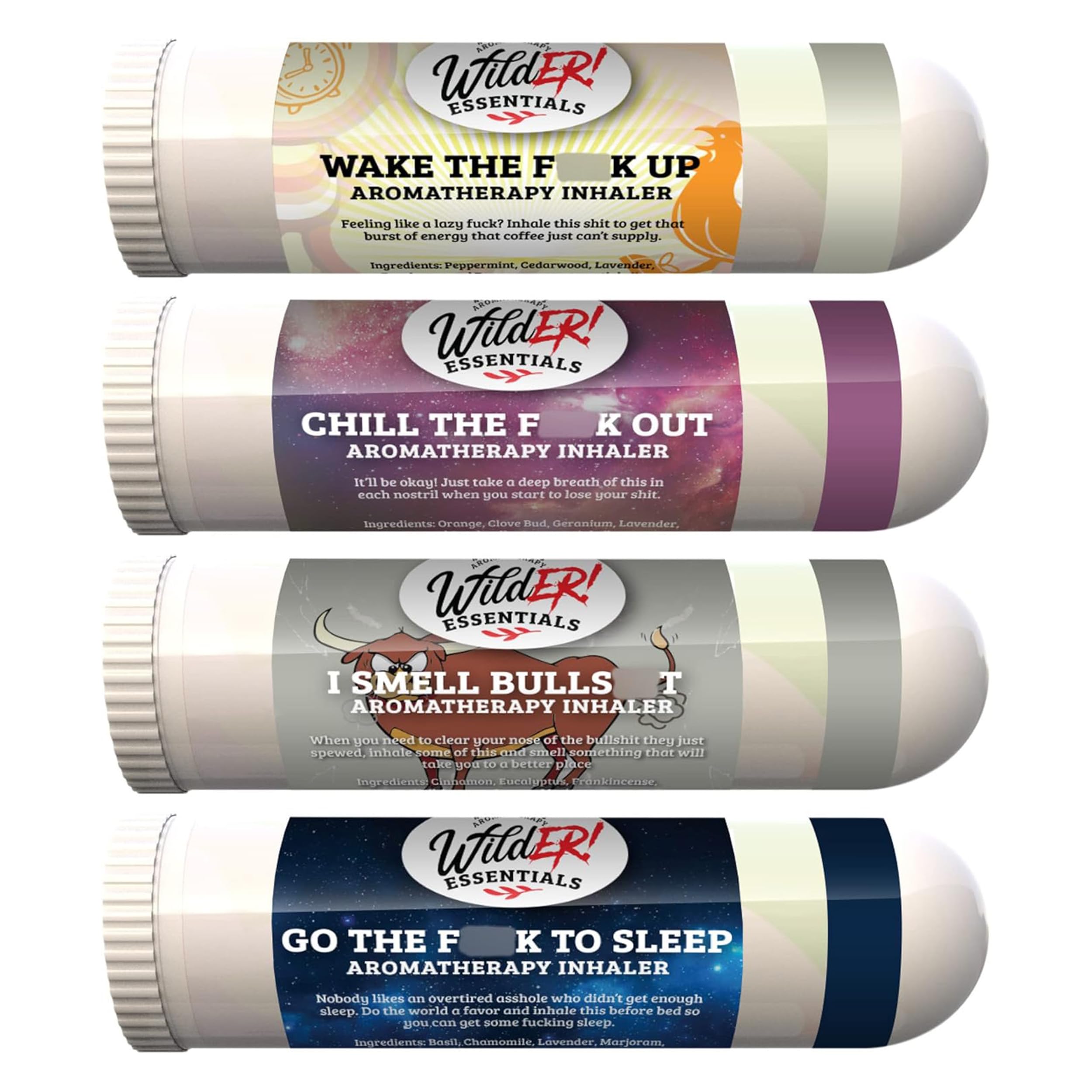 Wilder Essentials 4 Pack Aromatherapy Nasal Inhalers Gift Set, Essential Oil Scent Sticks, Funny White Elephant Stocking Stuffers, Portable Natural Diffuser Tubes, Made in USA Novelty Blend Kit